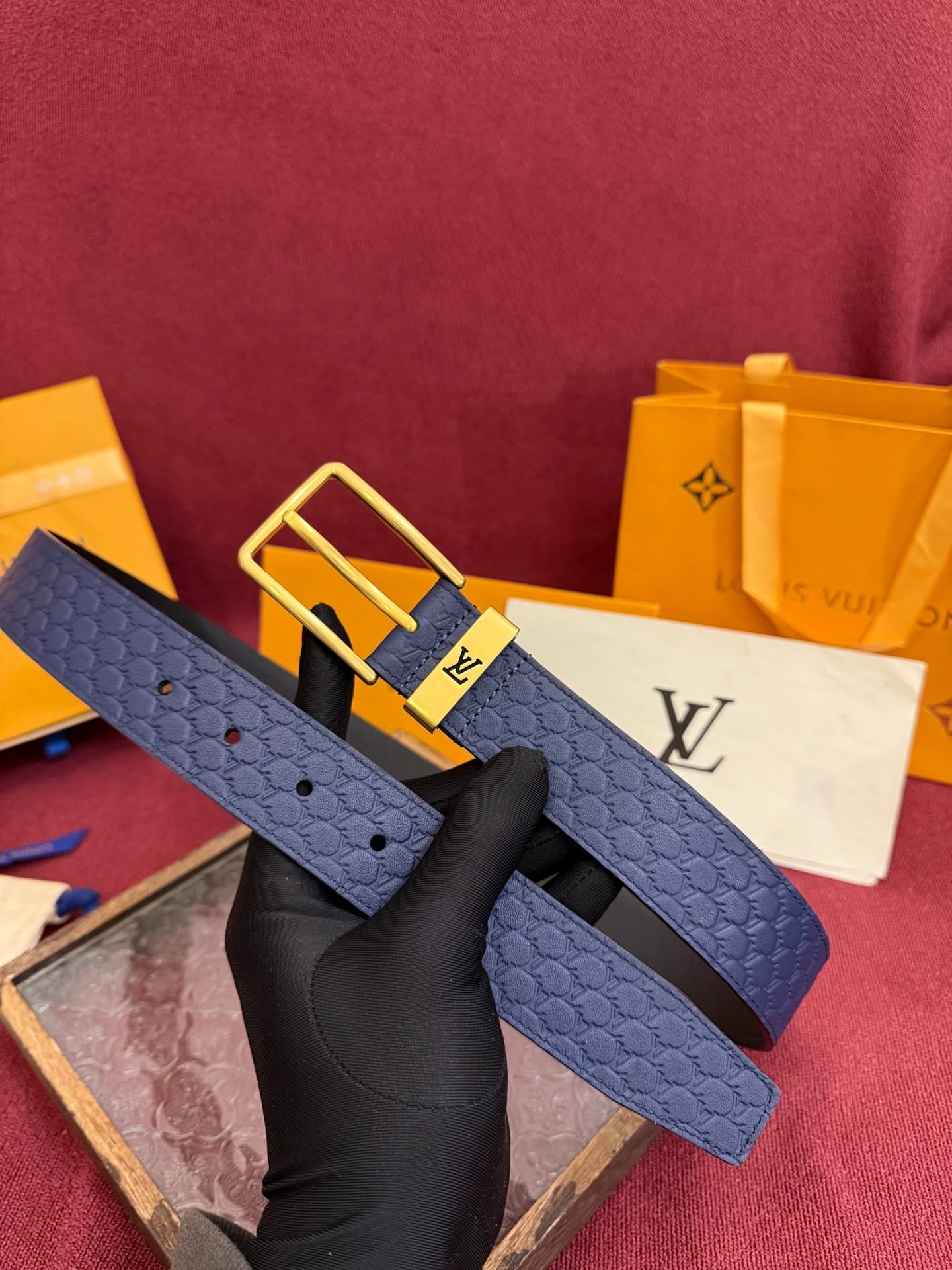 Louis Vuitton LV Navy Blue Pont Neuf 35mm Belt - Brushed Gold Buckle