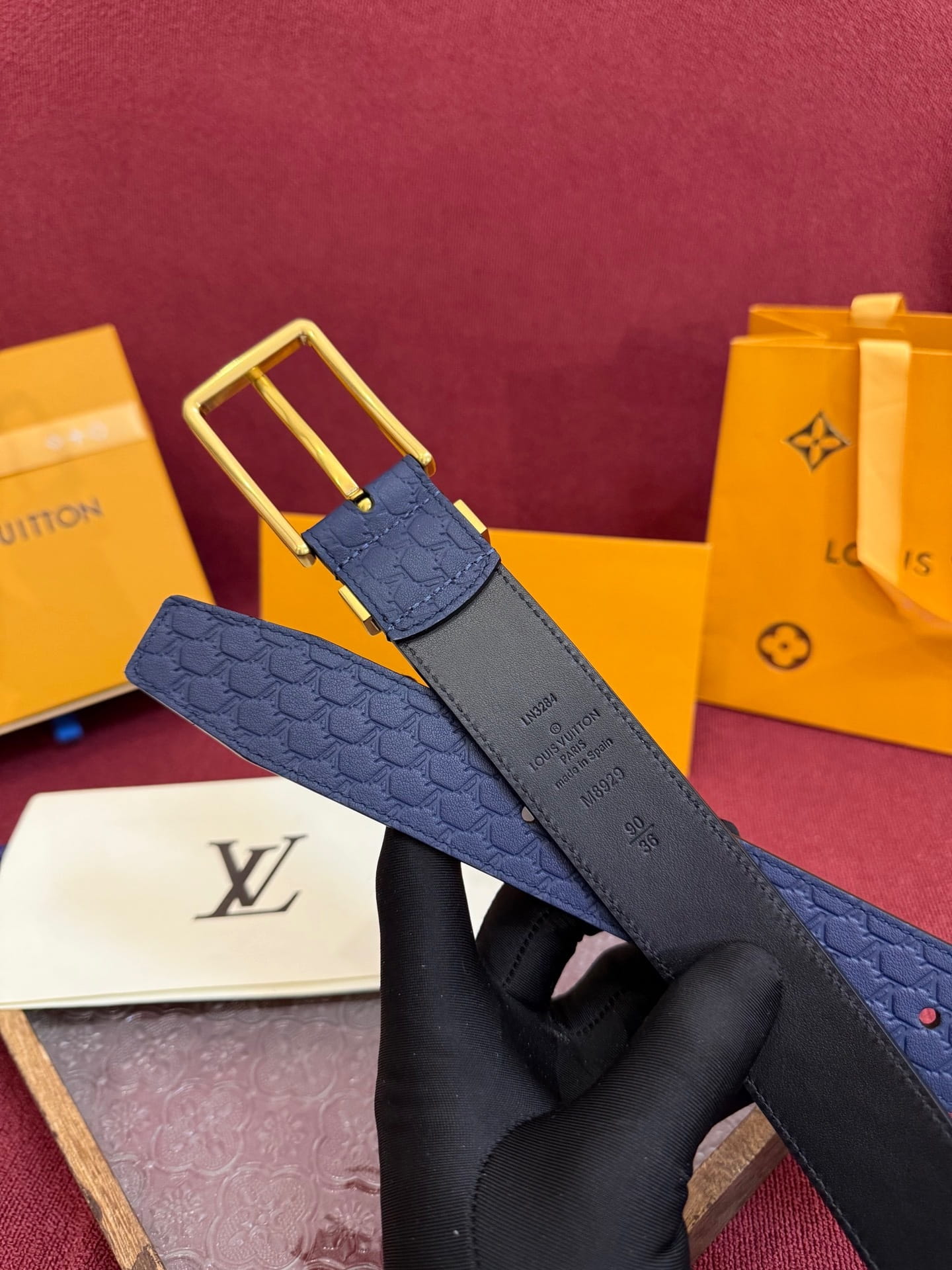 Louis Vuitton LV Navy Blue Pont Neuf 35mm Belt - Brushed Gold Buckle