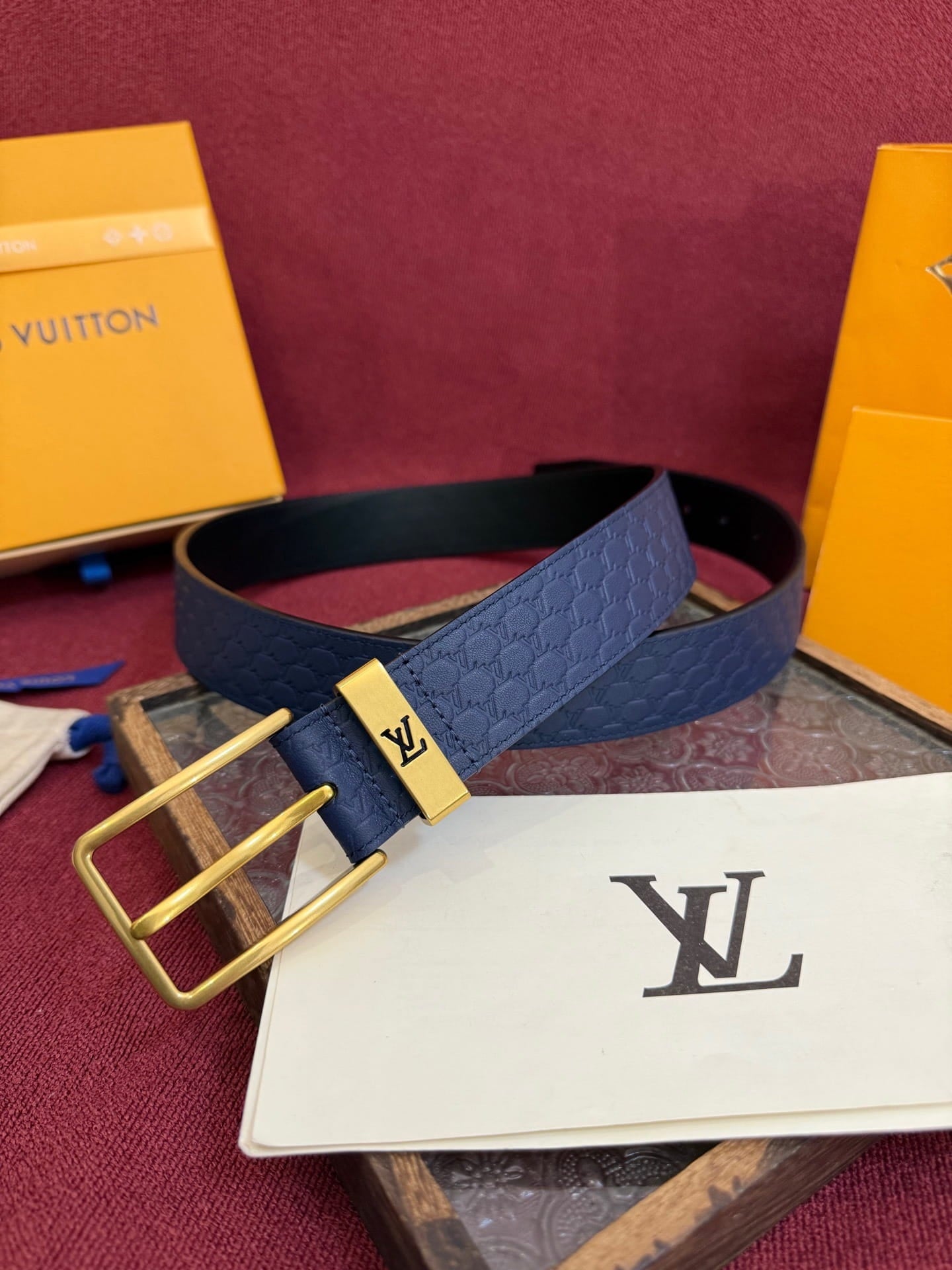 Louis Vuitton LV Navy Blue Pont Neuf 35mm Belt - Brushed Gold Buckle