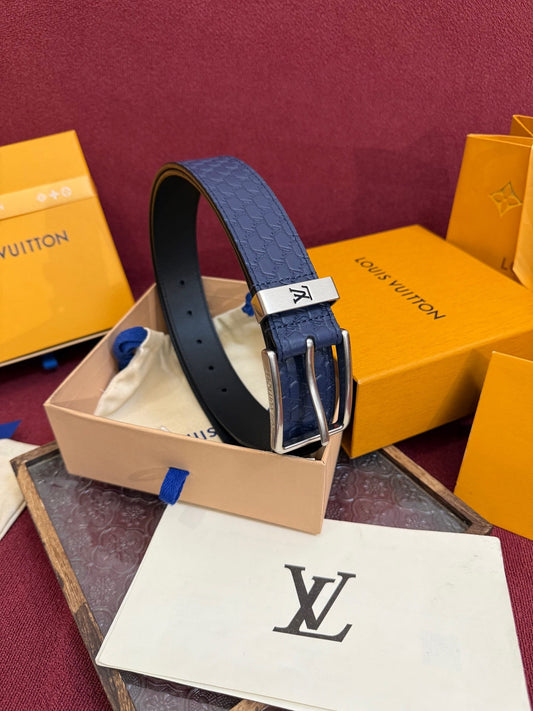 Louis Vuitton LV Navy Blue Pont Neuf 35mm Belt - Brushed Silver Buckle