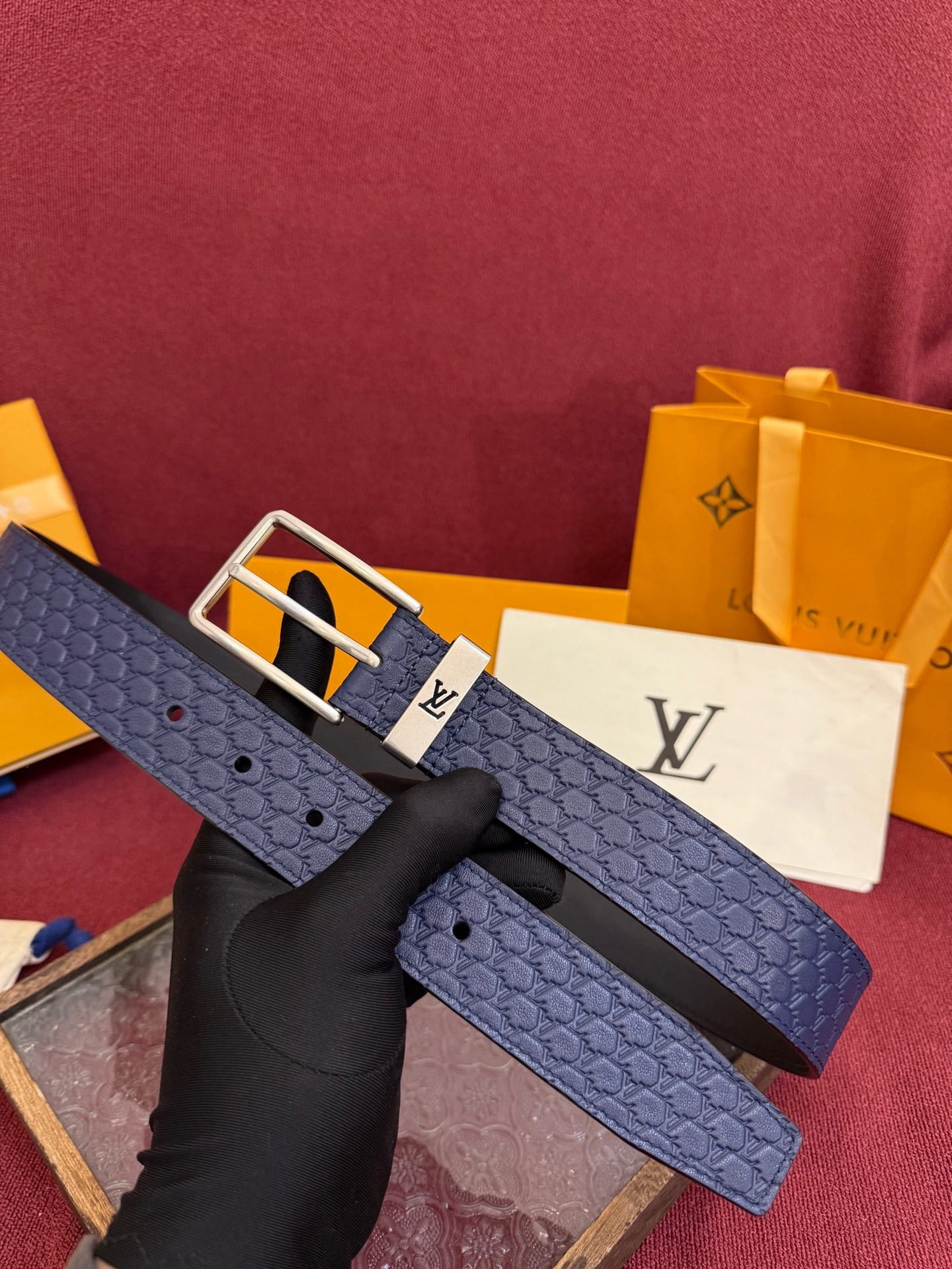Louis Vuitton LV Navy Blue Pont Neuf 35mm Belt - Brushed Silver Buckle