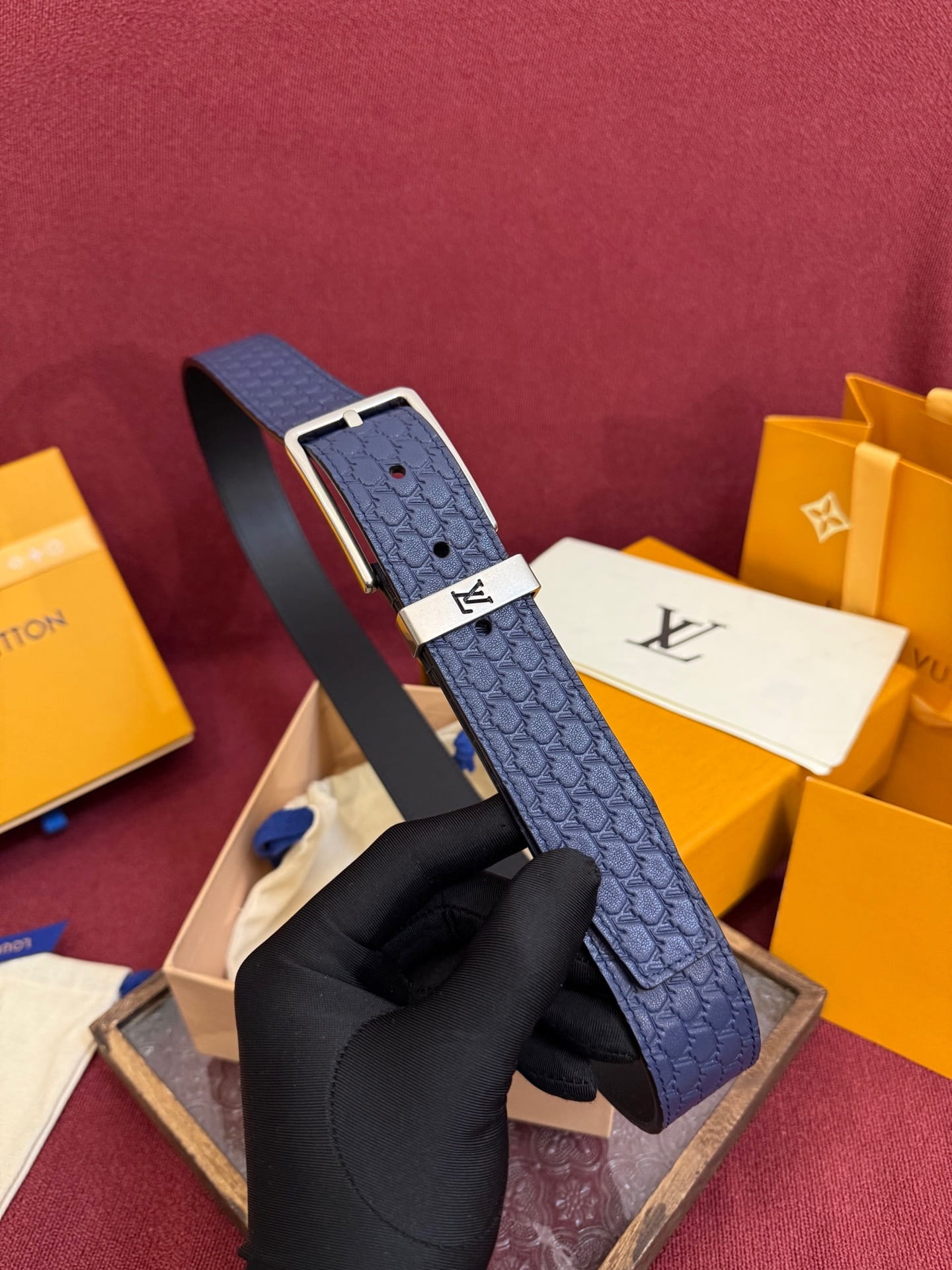 Louis Vuitton LV Navy Blue Pont Neuf 35mm Belt - Brushed Silver Buckle