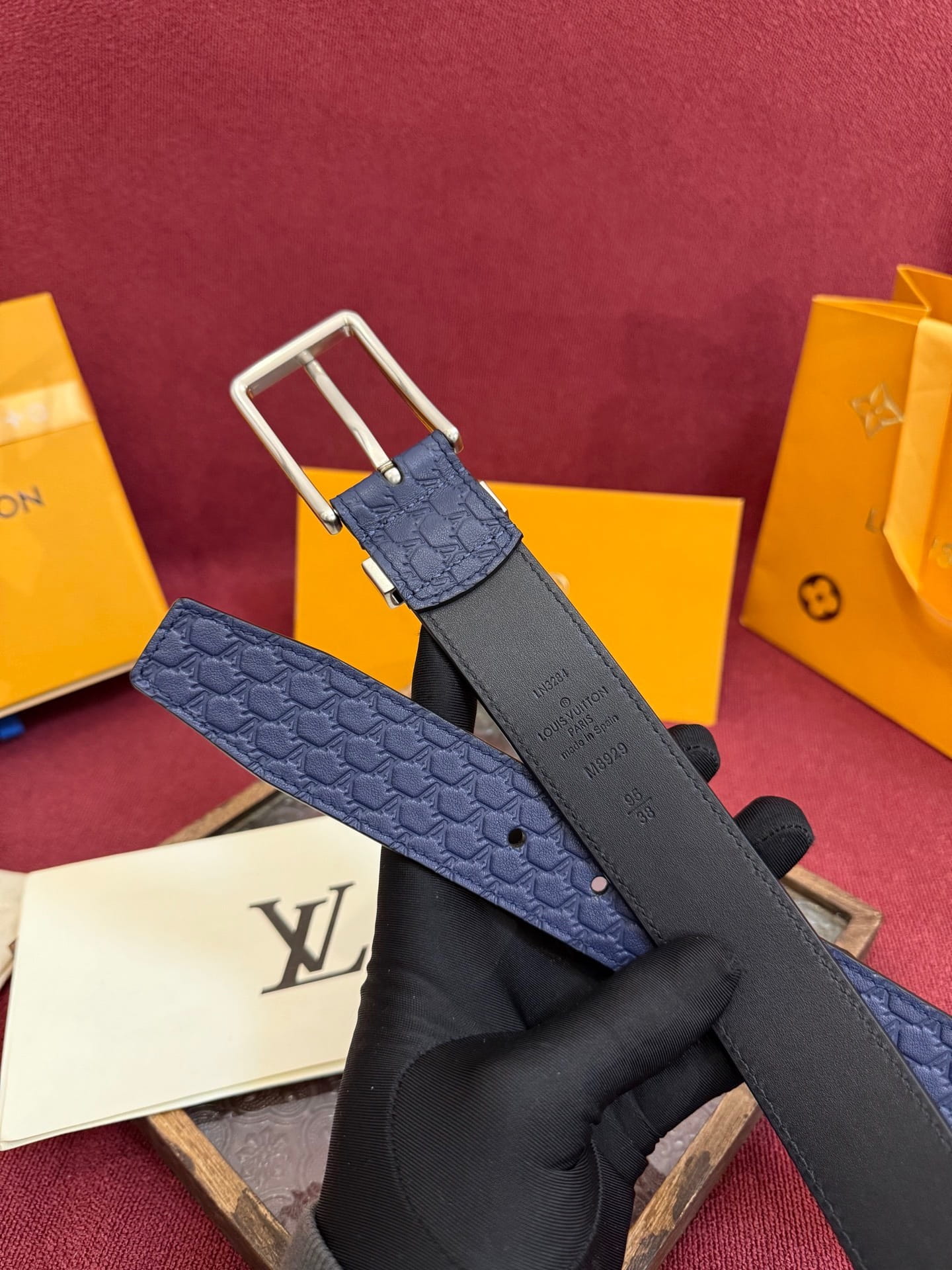 Louis Vuitton LV Navy Blue Pont Neuf 35mm Belt - Brushed Silver Buckle