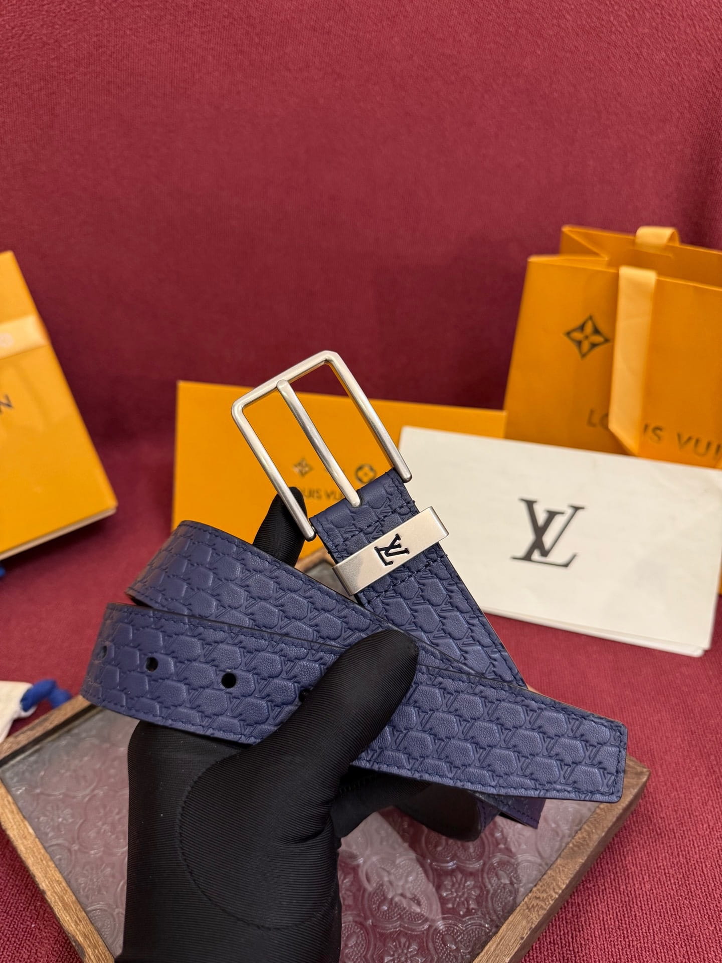 Louis Vuitton LV Navy Blue Pont Neuf 35mm Belt - Brushed Silver Buckle