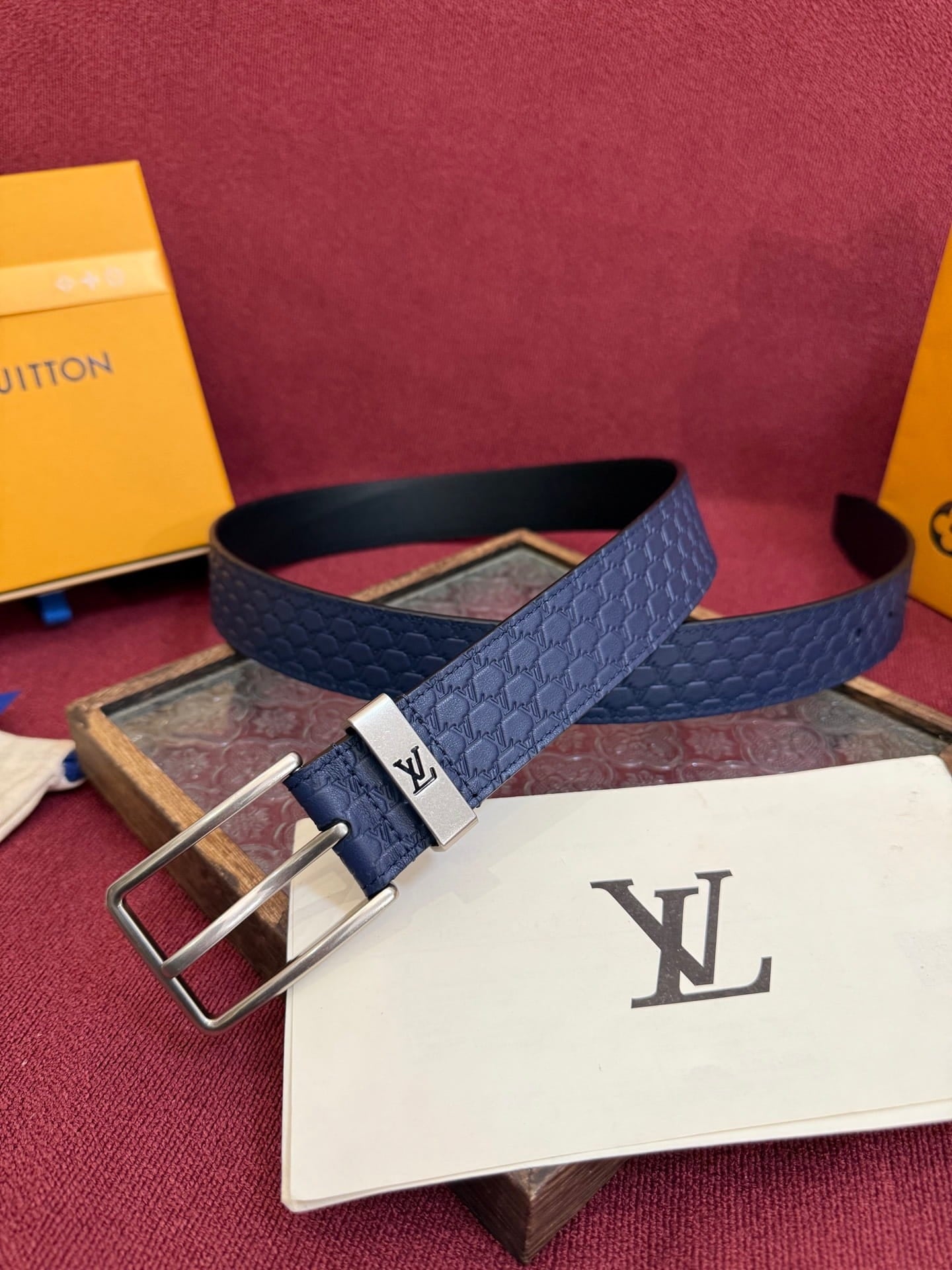 Louis Vuitton LV Navy Blue Pont Neuf 35mm Belt - Brushed Silver Buckle