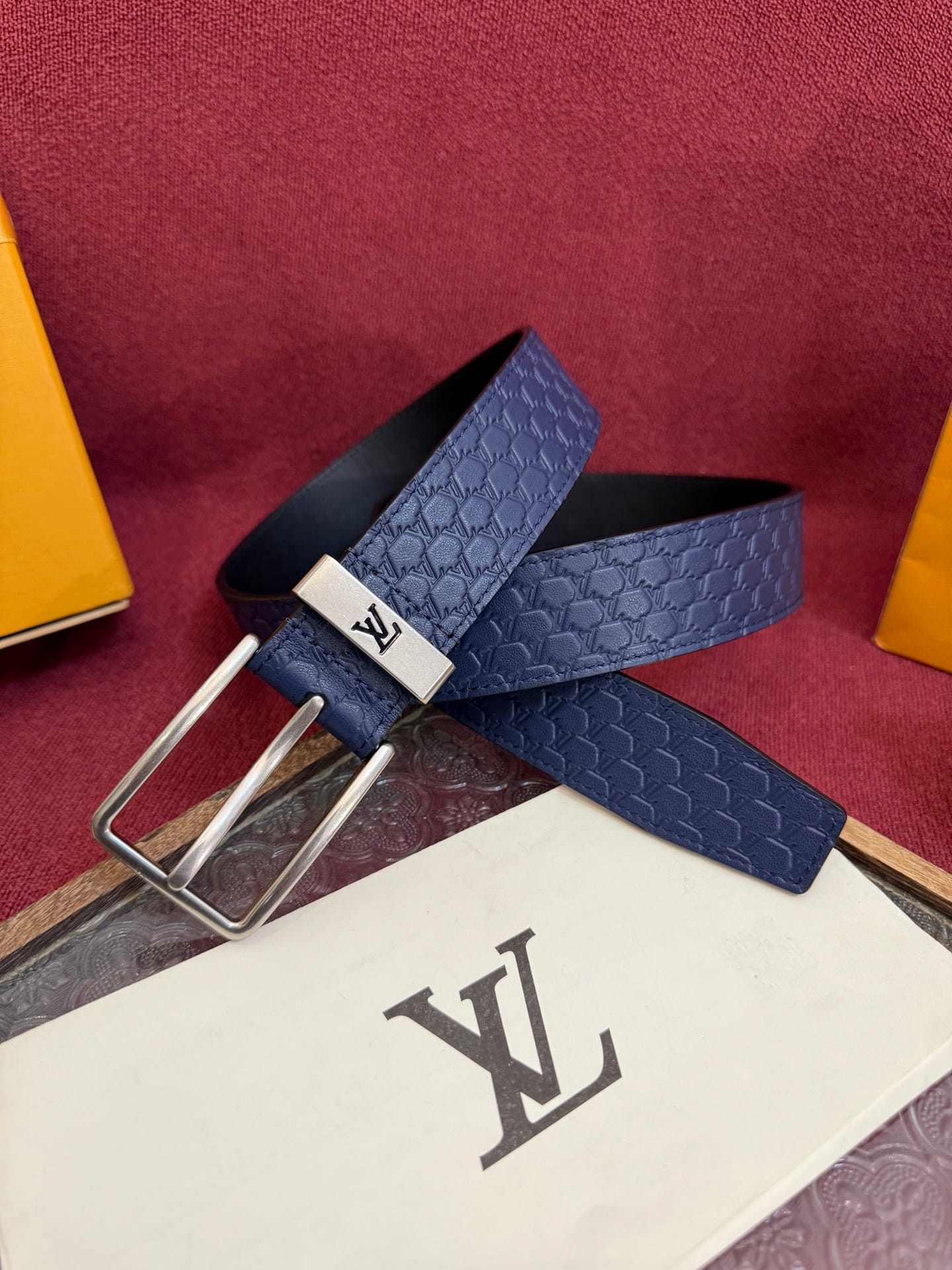 Louis Vuitton LV Navy Blue Pont Neuf 35mm Belt - Brushed Silver Buckle
