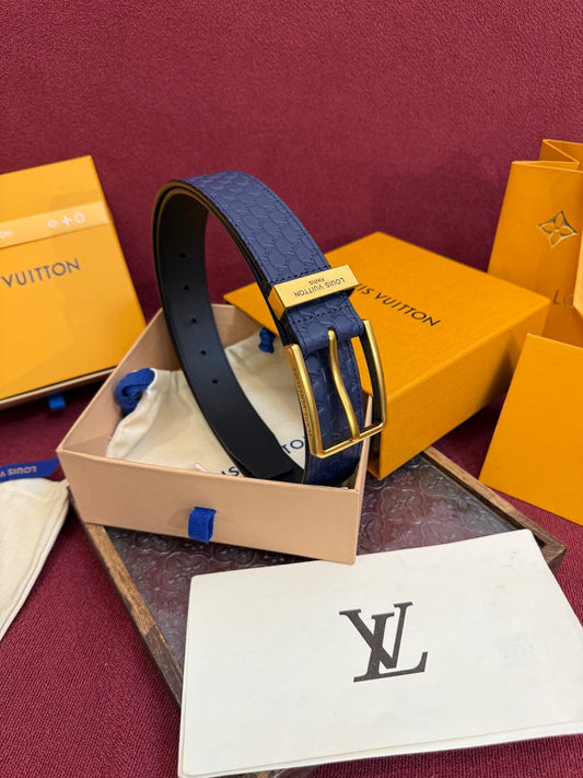 Louis Vuitton LV Navy Blue Pont Neuf 35mm Belt - Gold Buckle