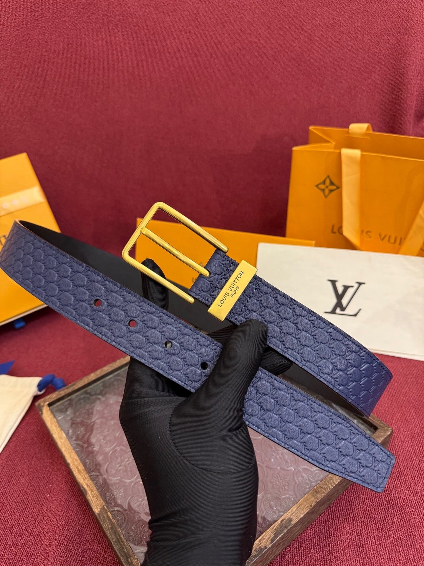 Louis Vuitton LV Navy Blue Pont Neuf 35mm Belt - Gold Buckle