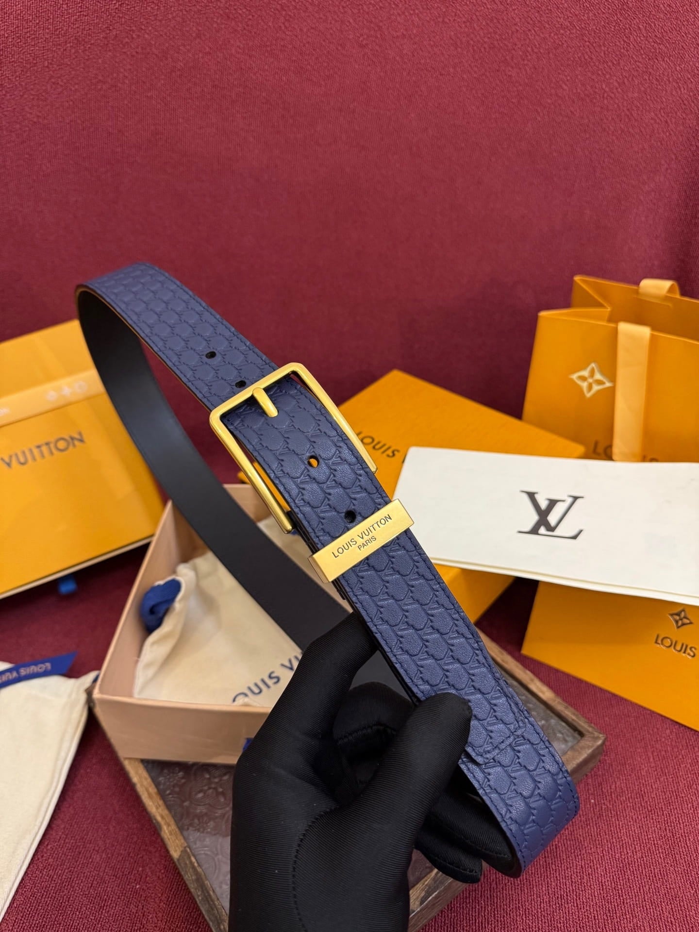 Louis Vuitton LV Navy Blue Pont Neuf 35mm Belt - Gold Buckle