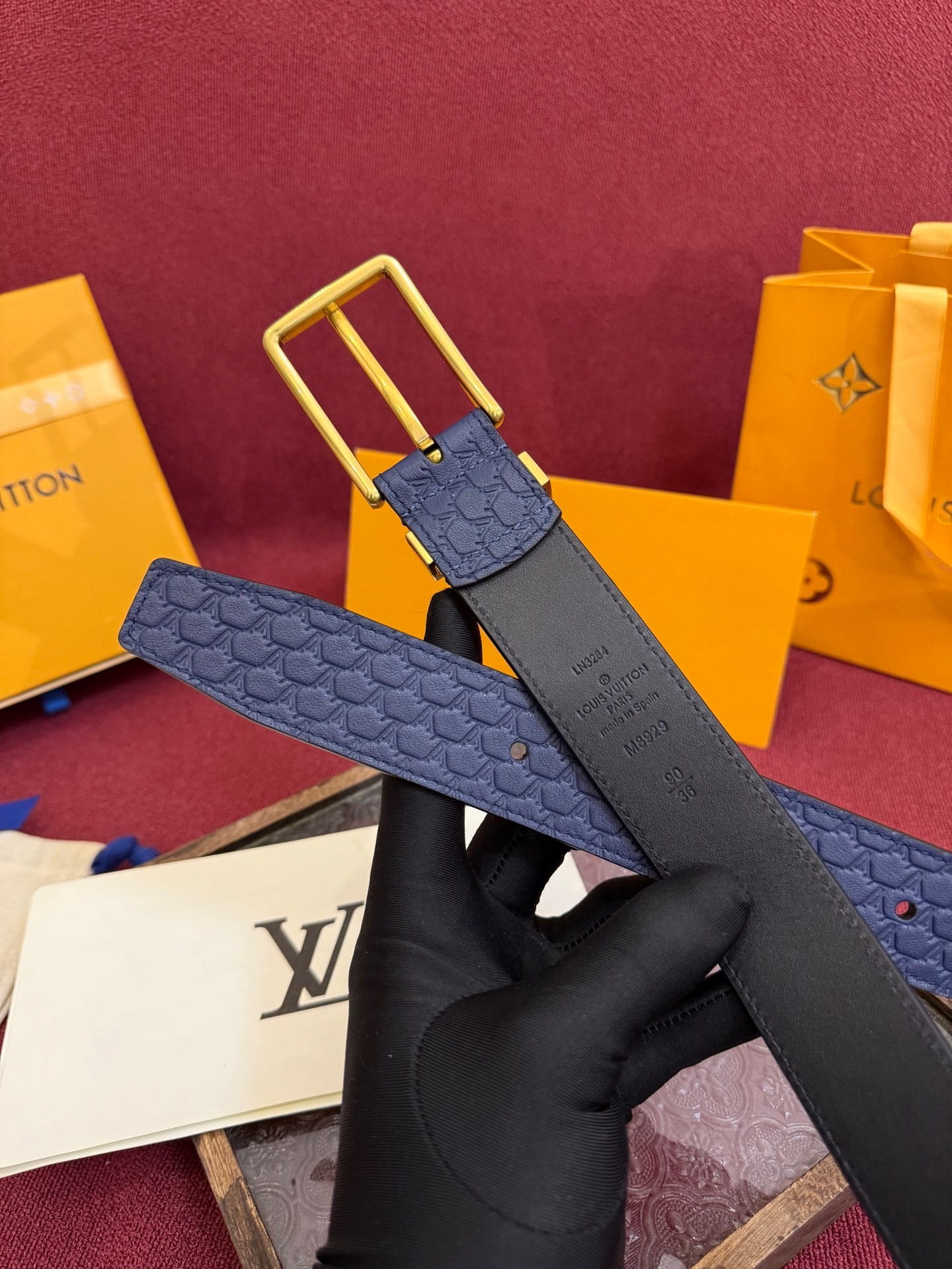 Louis Vuitton LV Navy Blue Pont Neuf 35mm Belt - Gold Buckle