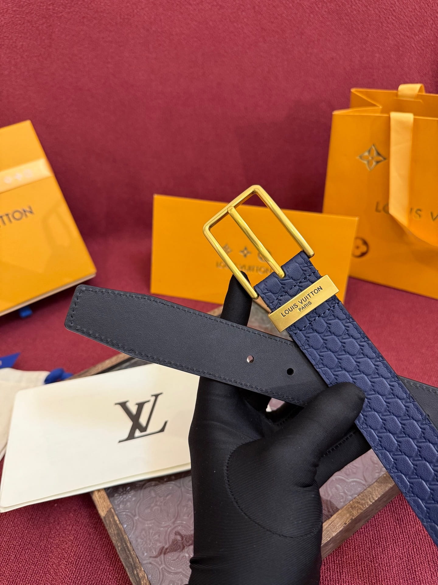 Louis Vuitton LV Navy Blue Pont Neuf 35mm Belt - Gold Buckle