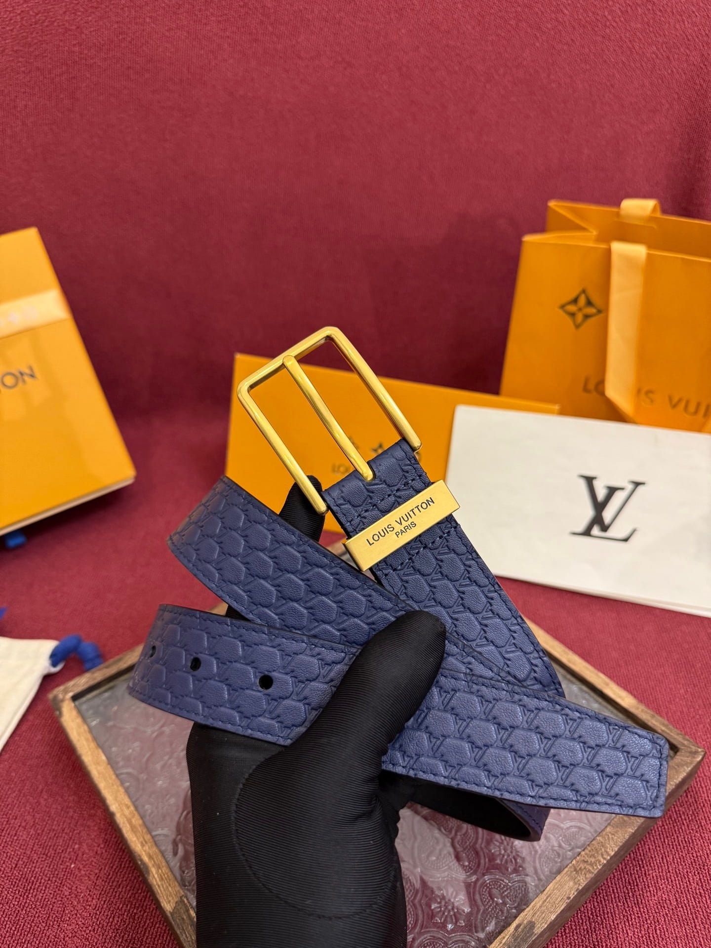 Louis Vuitton LV Navy Blue Pont Neuf 35mm Belt - Gold Buckle
