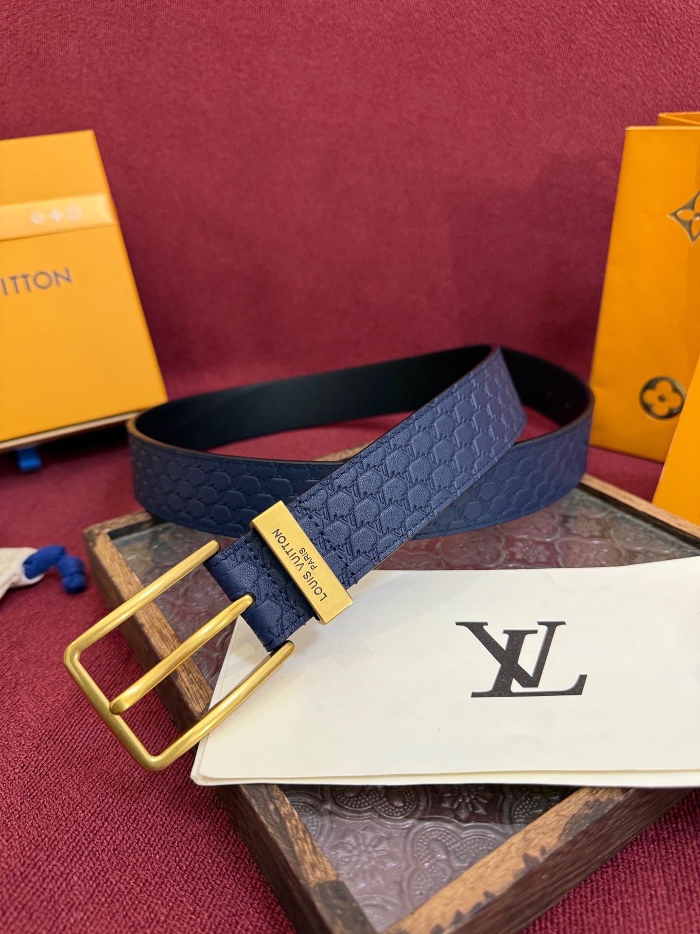Louis Vuitton LV Navy Blue Pont Neuf 35mm Belt - Gold Buckle