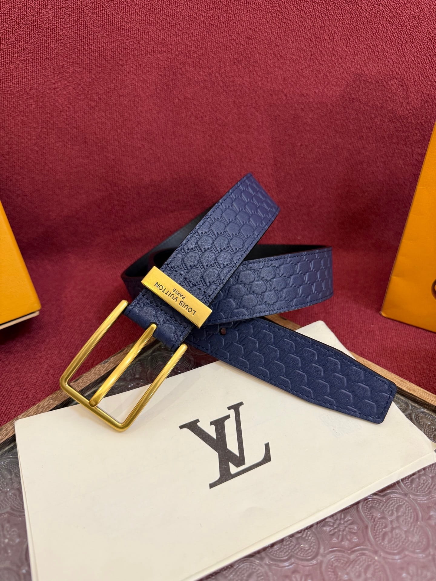 Louis Vuitton LV Navy Blue Pont Neuf 35mm Belt - Gold Buckle