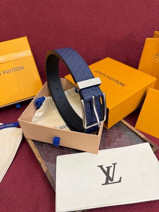 Louis Vuitton LV Navy Blue Pont Neuf 35mm Belt - Silver Buckle