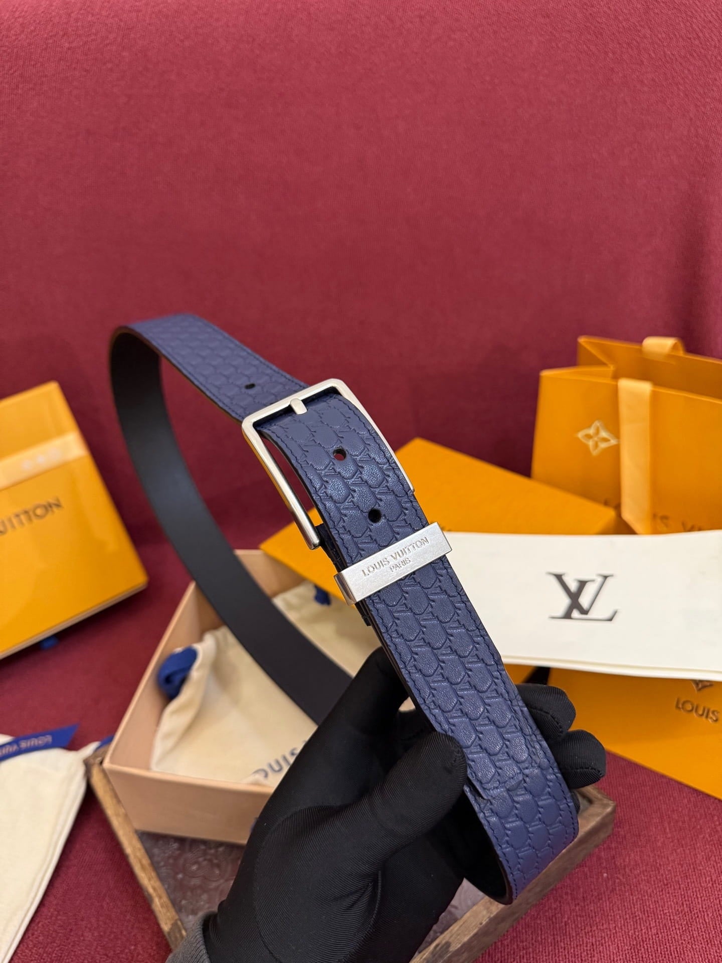 Louis Vuitton LV Navy Blue Pont Neuf 35mm Belt - Silver Buckle