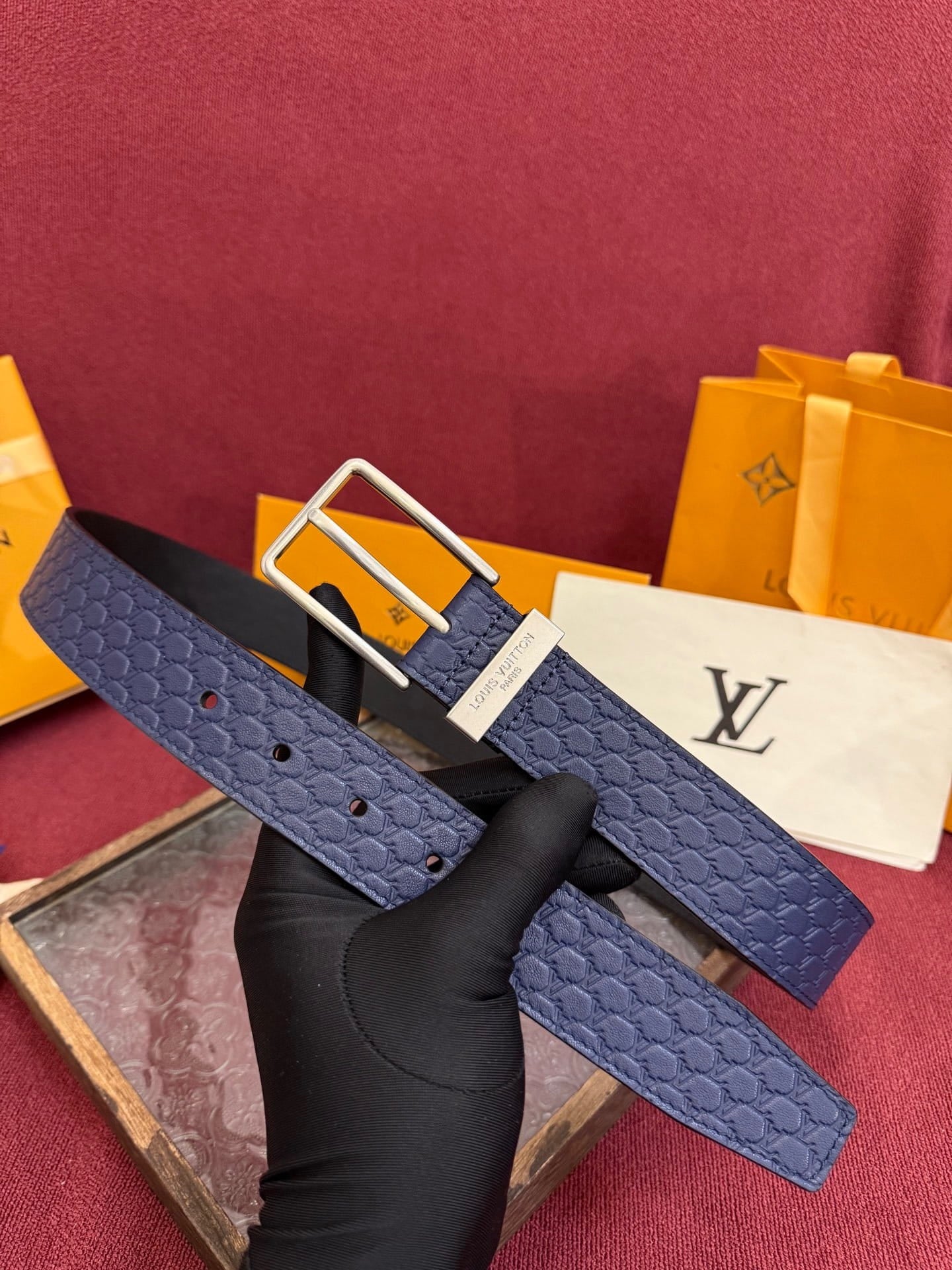 Louis Vuitton LV Navy Blue Pont Neuf 35mm Belt - Silver Buckle