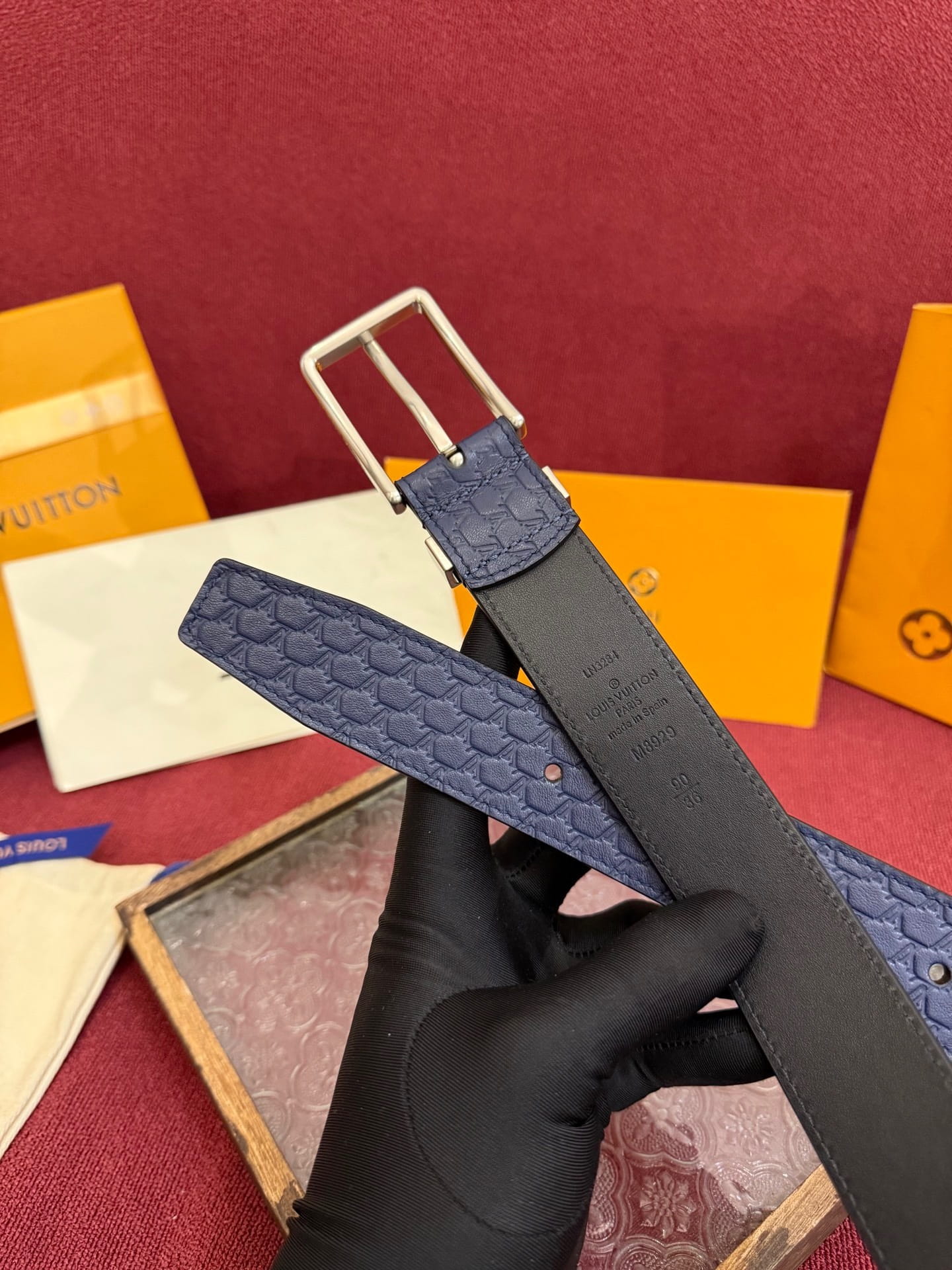 Louis Vuitton LV Navy Blue Pont Neuf 35mm Belt - Silver Buckle