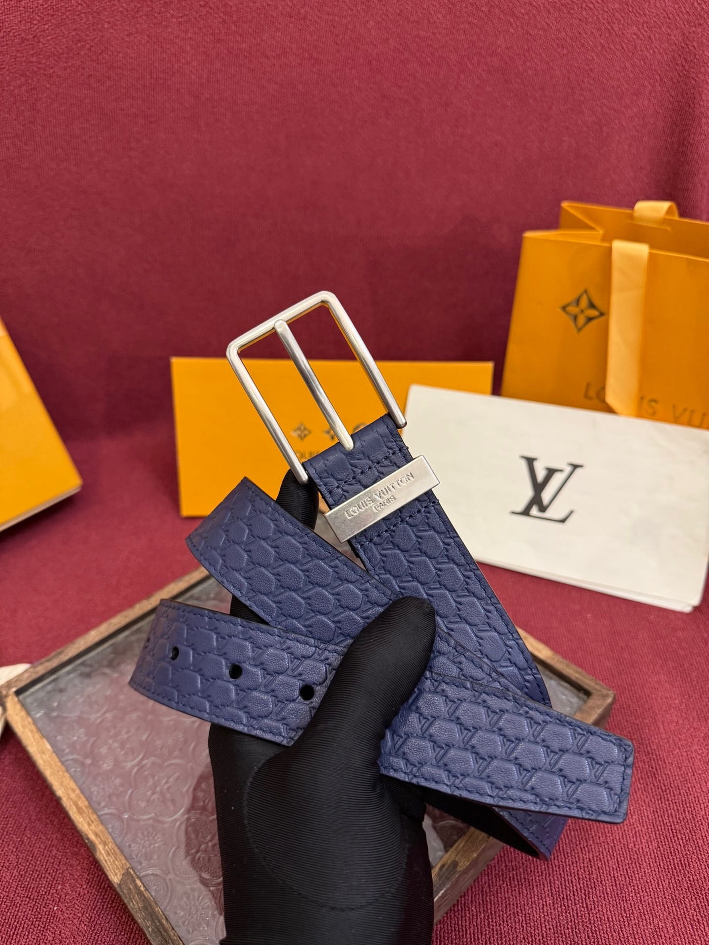 Louis Vuitton LV Navy Blue Pont Neuf 35mm Belt - Silver Buckle