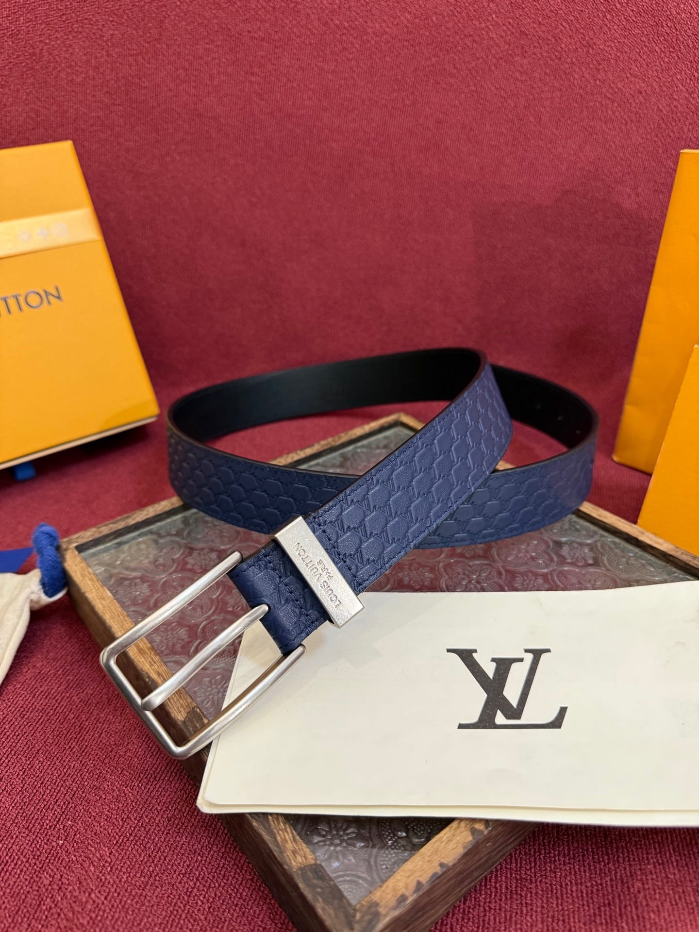 Louis Vuitton LV Navy Blue Pont Neuf 35mm Belt - Silver Buckle