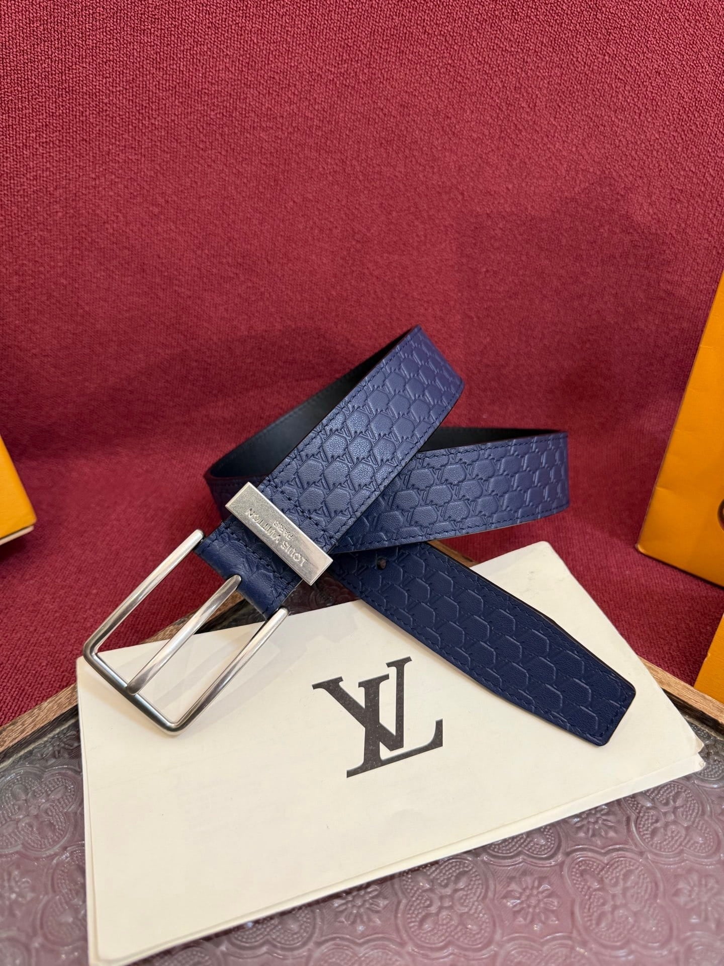 Louis Vuitton LV Navy Blue Pont Neuf 35mm Belt - Silver Buckle