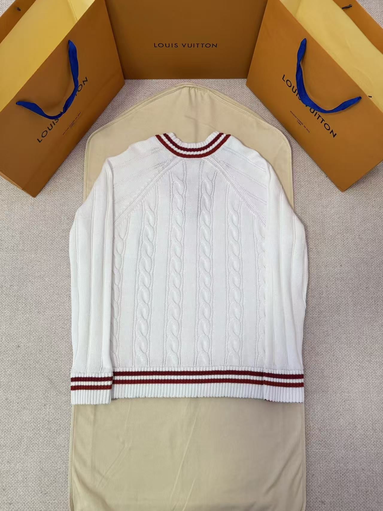 Louis Vuitton LV Preppy V-Neck Cable Pullover - White and Burgundy