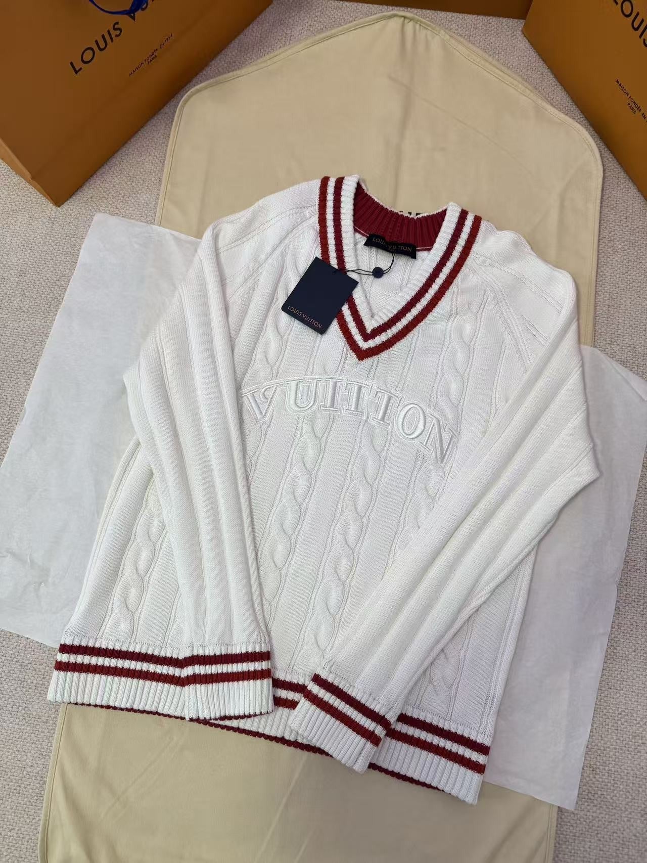 Louis Vuitton LV Preppy V-Neck Cable Pullover - White and Burgundy