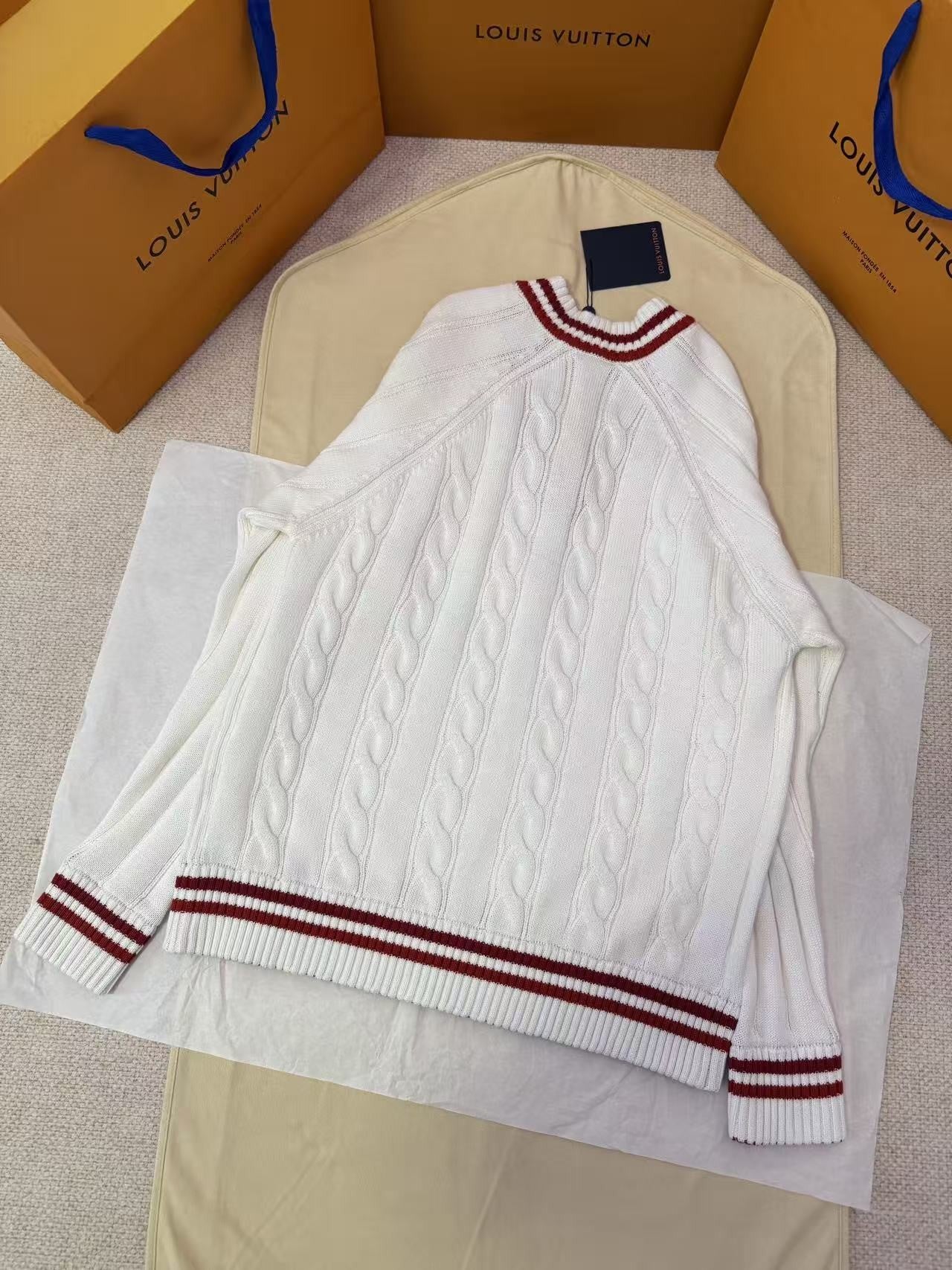 Louis Vuitton LV Preppy V-Neck Cable Pullover - White and Burgundy