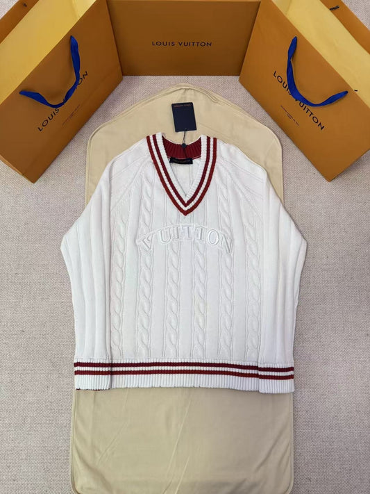 Louis Vuitton LV Preppy V-Neck Cable Pullover - White and Burgundy
