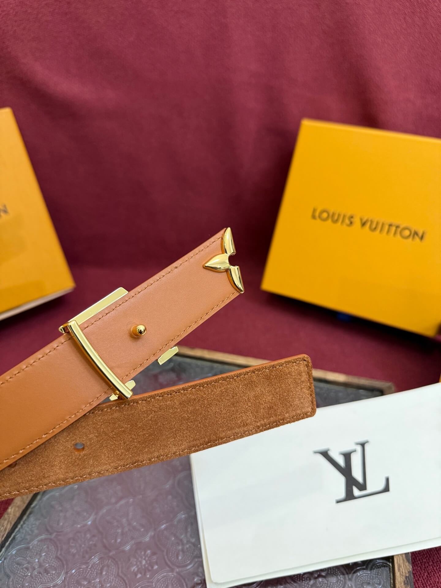 Louis Vuitton LV Pretty 30mm Cognac Suede Belt - Gold Buckle