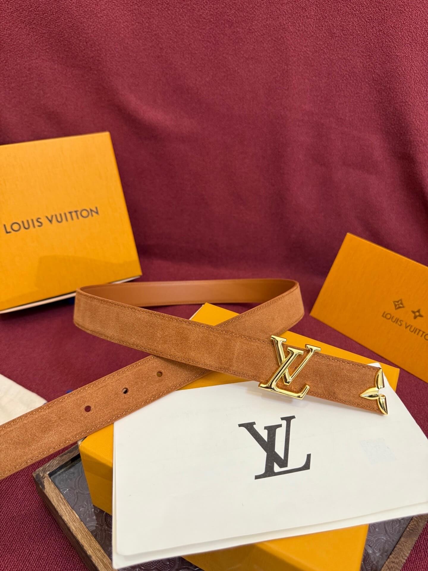 Louis Vuitton LV Pretty 30mm Cognac Suede Belt - Gold Buckle