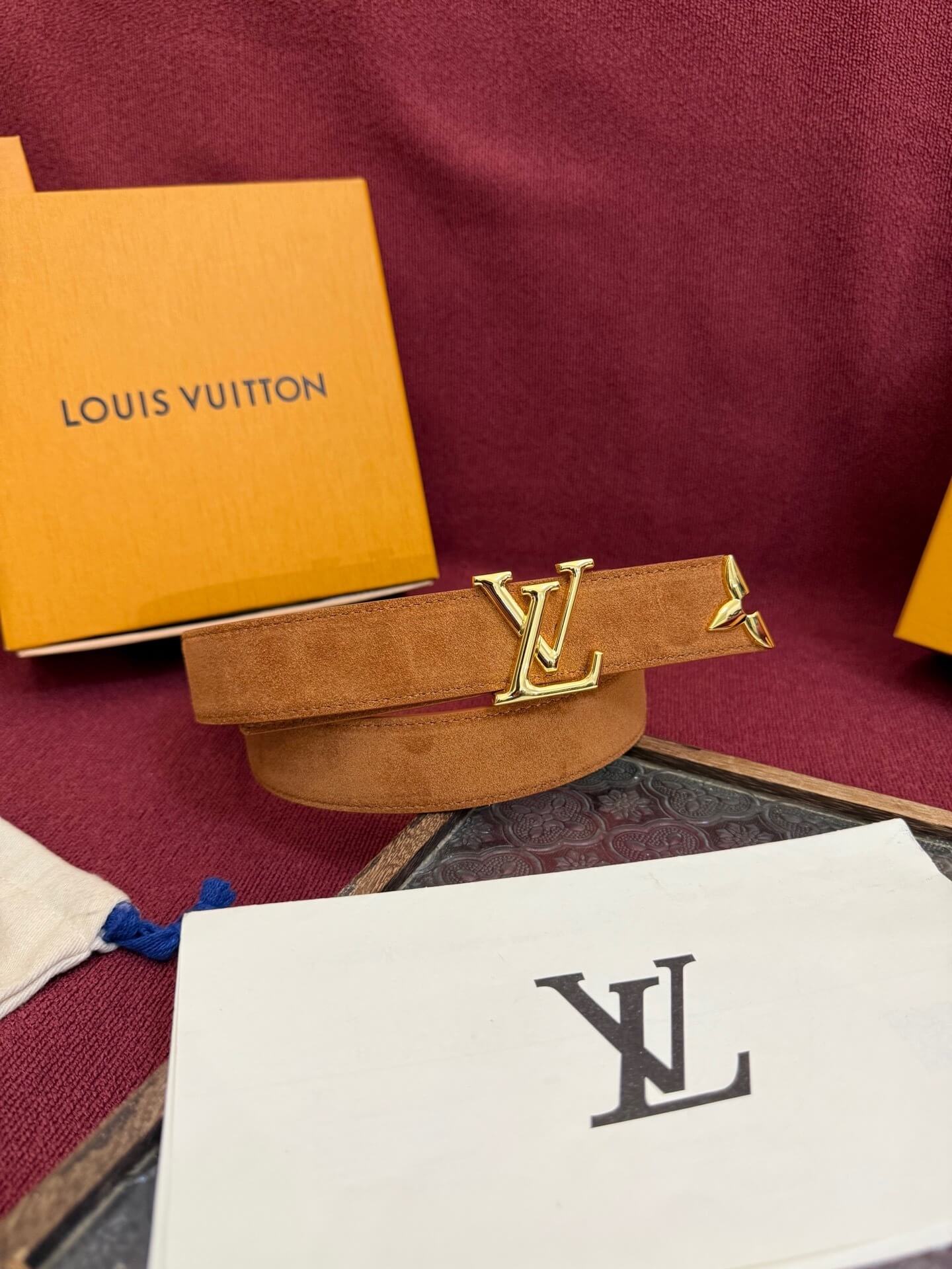 Louis Vuitton LV Pretty 30mm Cognac Suede Belt - Gold Buckle