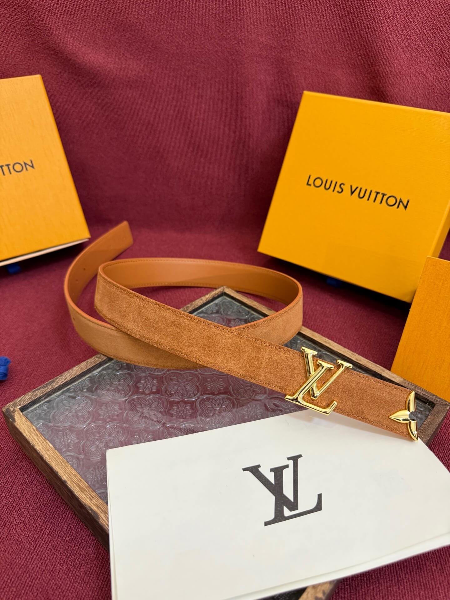 Louis Vuitton LV Pretty 30mm Cognac Suede Belt - Gold Buckle
