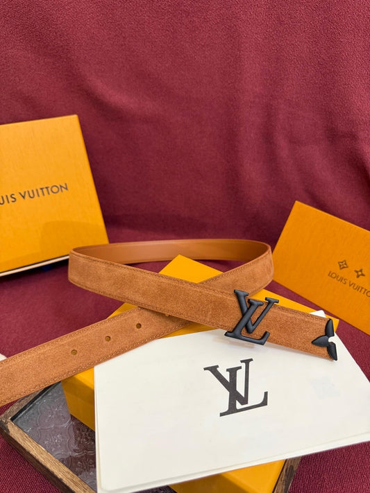 Louis Vuitton LV Pretty 30mm Cognac Suede Belt - Matte Black Buckle