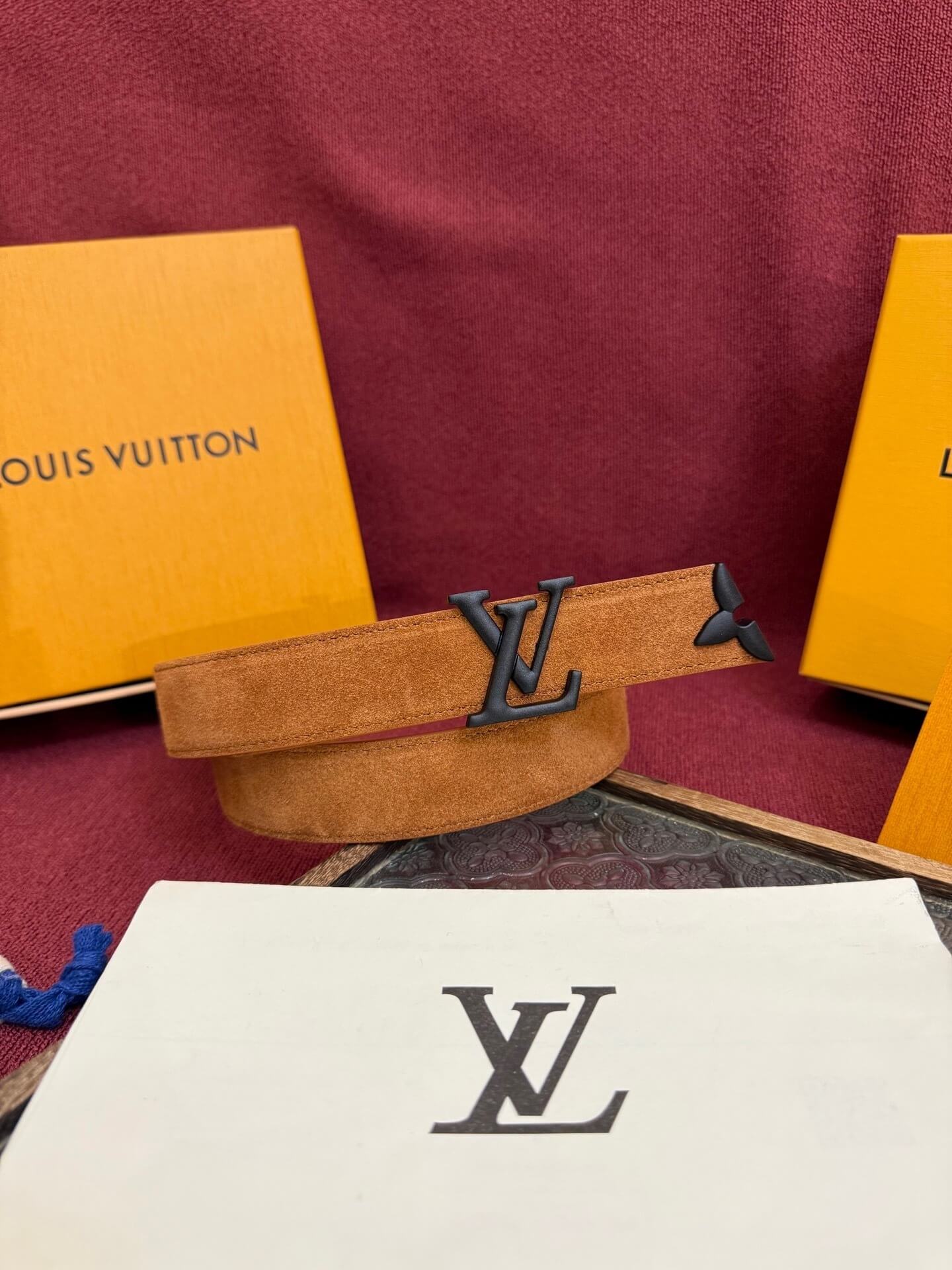 Louis Vuitton LV Pretty 30mm Cognac Suede Belt - Matte Black Buckle