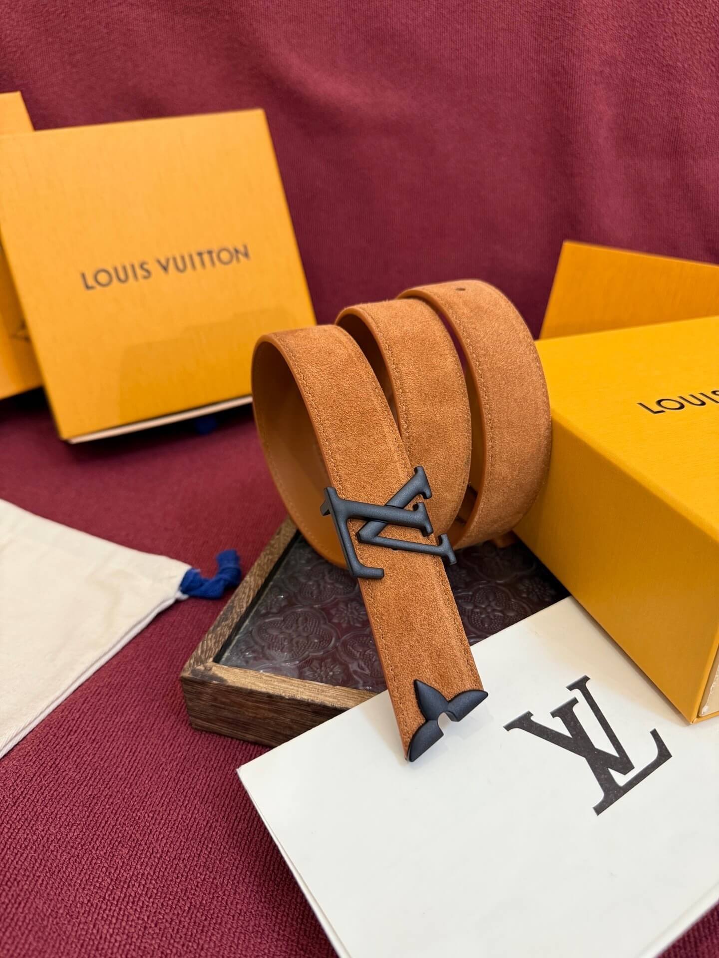 Louis Vuitton LV Pretty 30mm Cognac Suede Belt - Matte Black Buckle