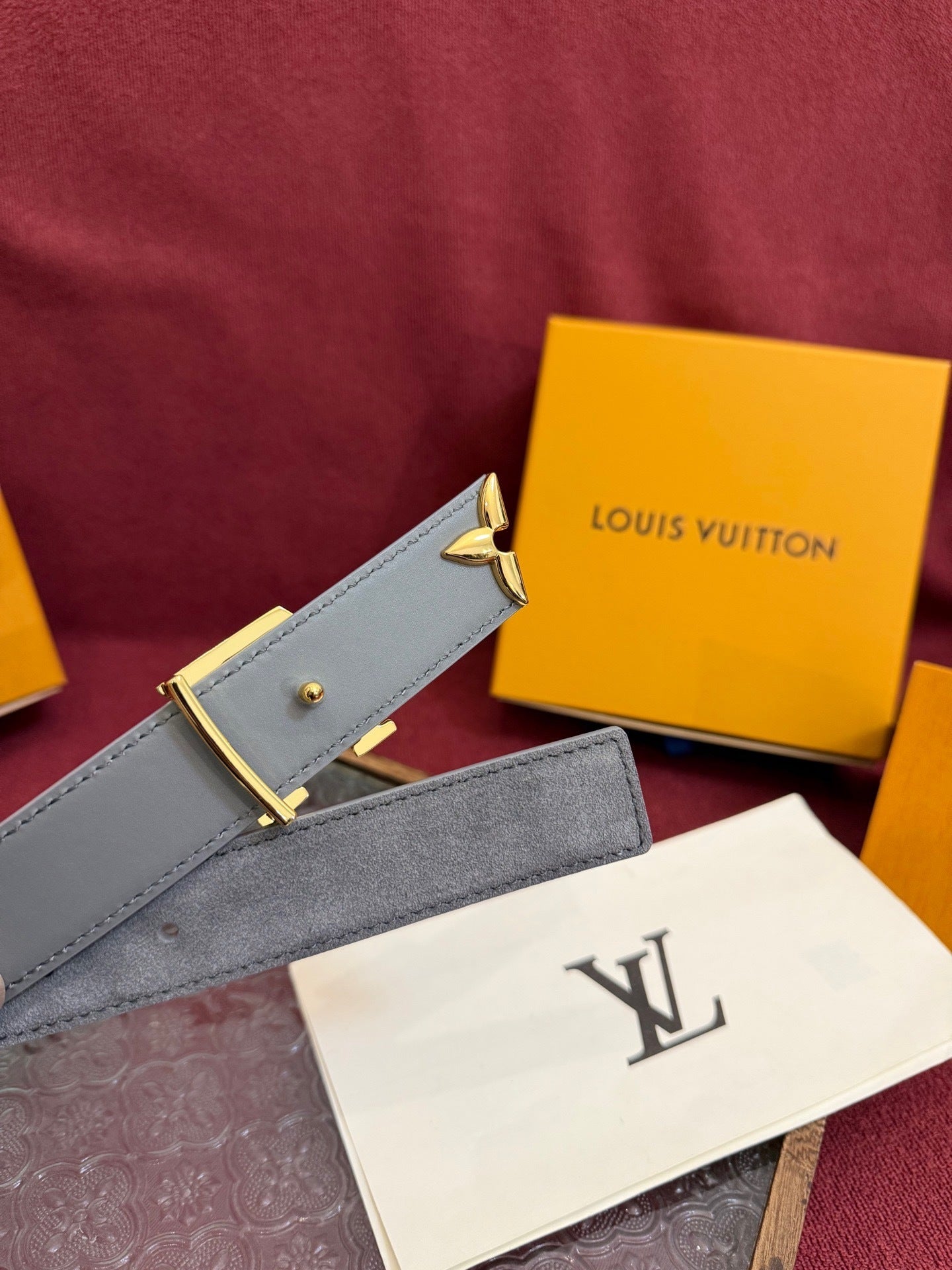 Louis Vuitton LV Pretty 30mm Grey Suede Belt - Gold Buckle