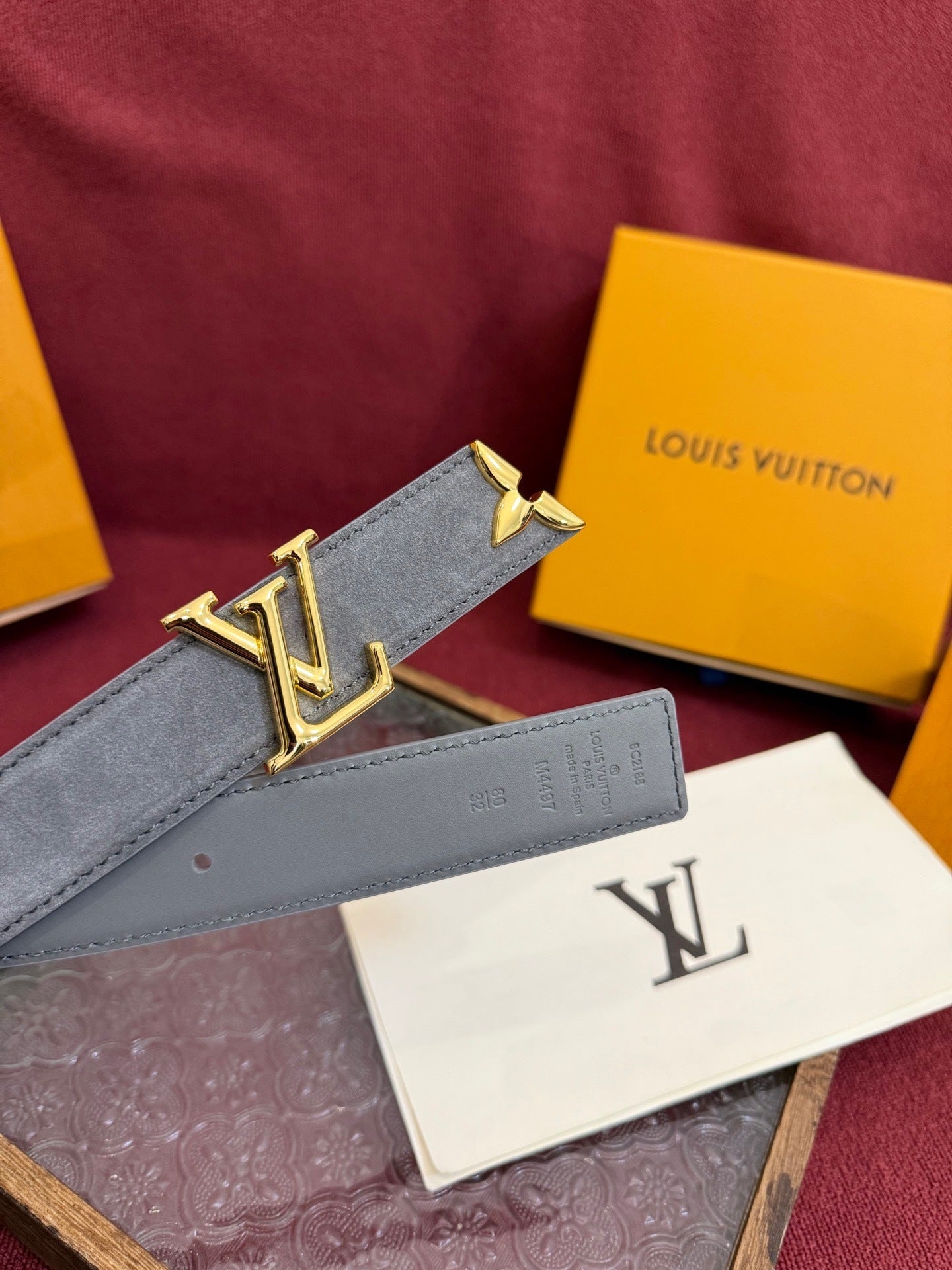 Louis Vuitton LV Pretty 30mm Grey Suede Belt - Gold Buckle