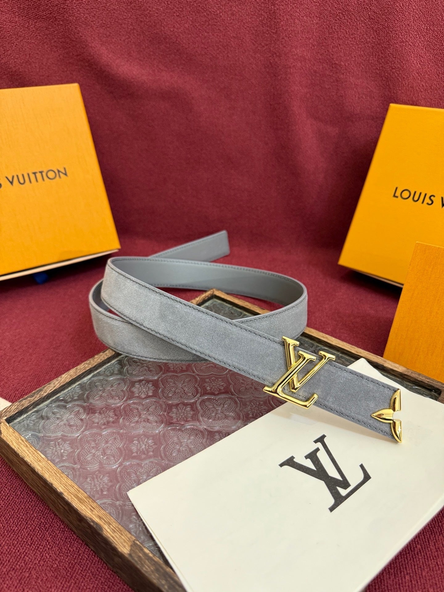 Louis Vuitton LV Pretty 30mm Grey Suede Belt - Gold Buckle