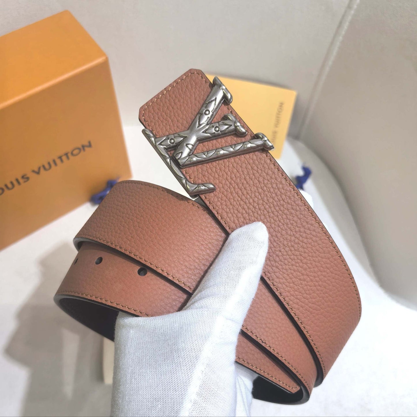 Louis Vuitton LV Pyramide 40mm Reversible Belt - Cognac Taurillon Leather with Silver-Tone Buckle
