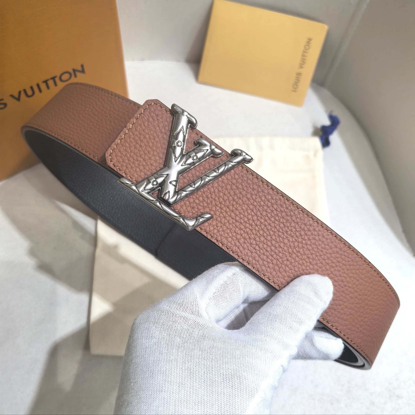 Louis Vuitton LV Pyramide 40mm Reversible Belt - Cognac Taurillon Leather with Silver-Tone Buckle