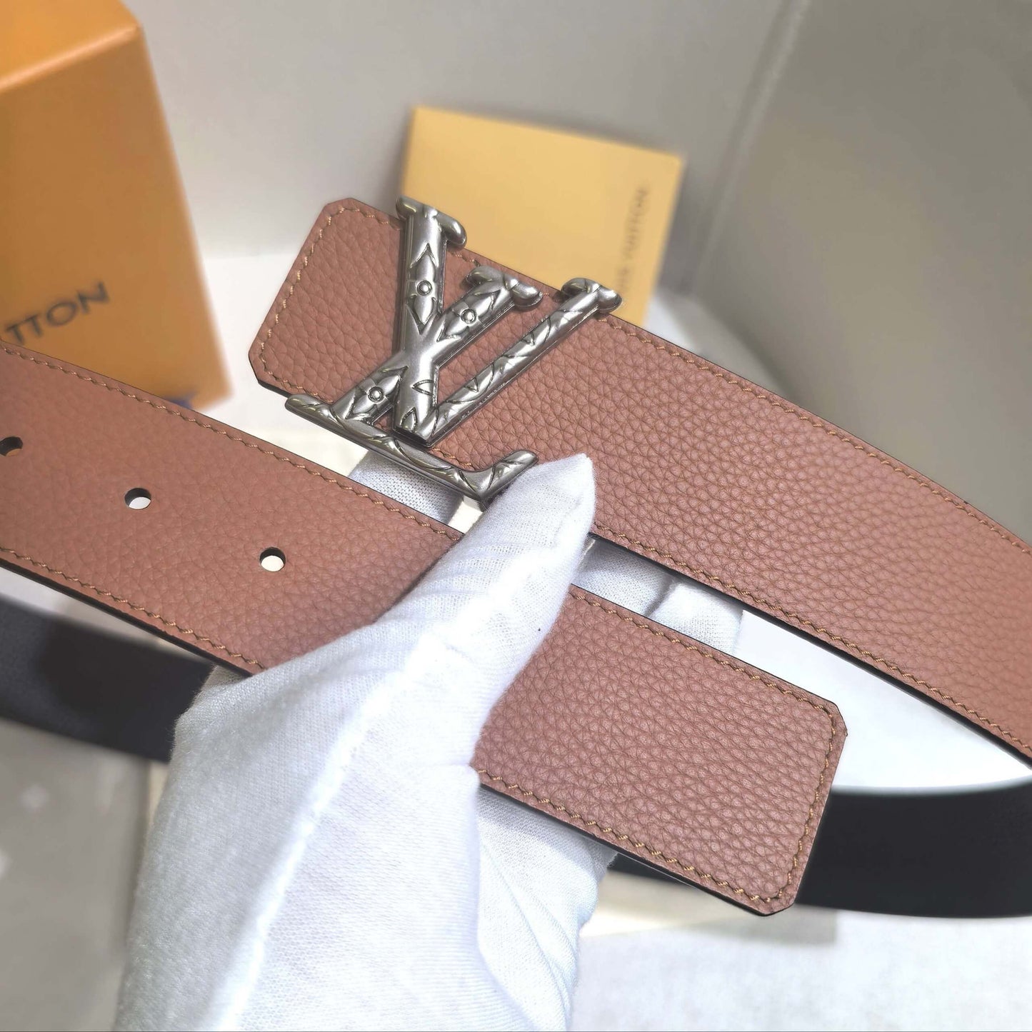Louis Vuitton LV Pyramide 40mm Reversible Belt - Cognac Taurillon Leather with Silver-Tone Buckle