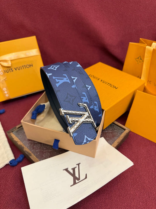 Louis Vuitton LV Royal Blue Dimension Monogram Heritage 40mm Reversible Belt - Engraved Silver Buckle