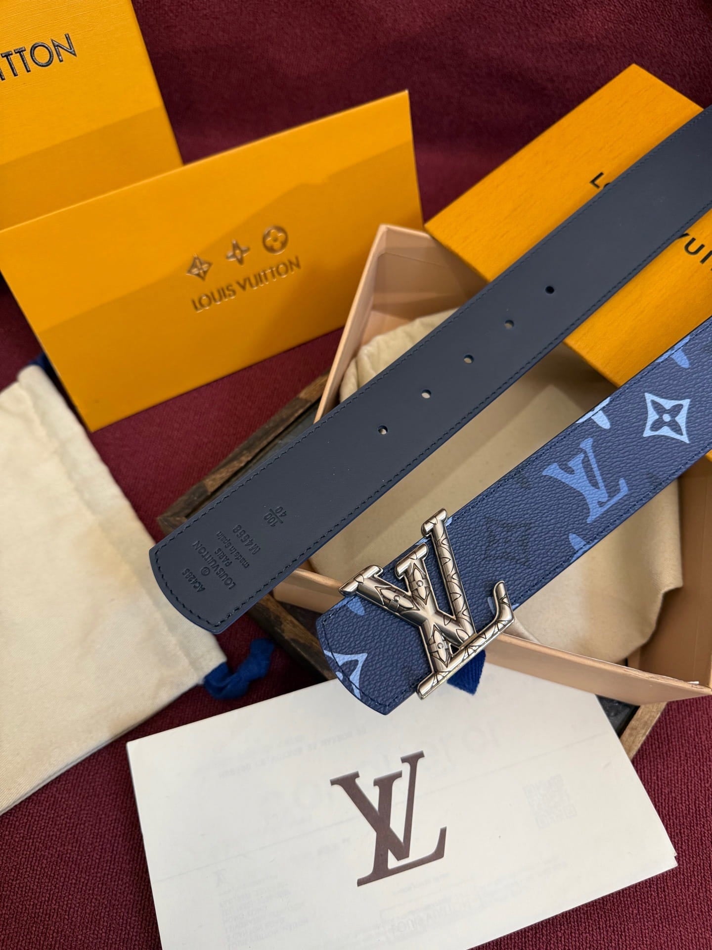 Louis Vuitton LV Royal Blue Dimension Monogram Heritage 40mm Reversible Belt - Engraved Silver Buckle