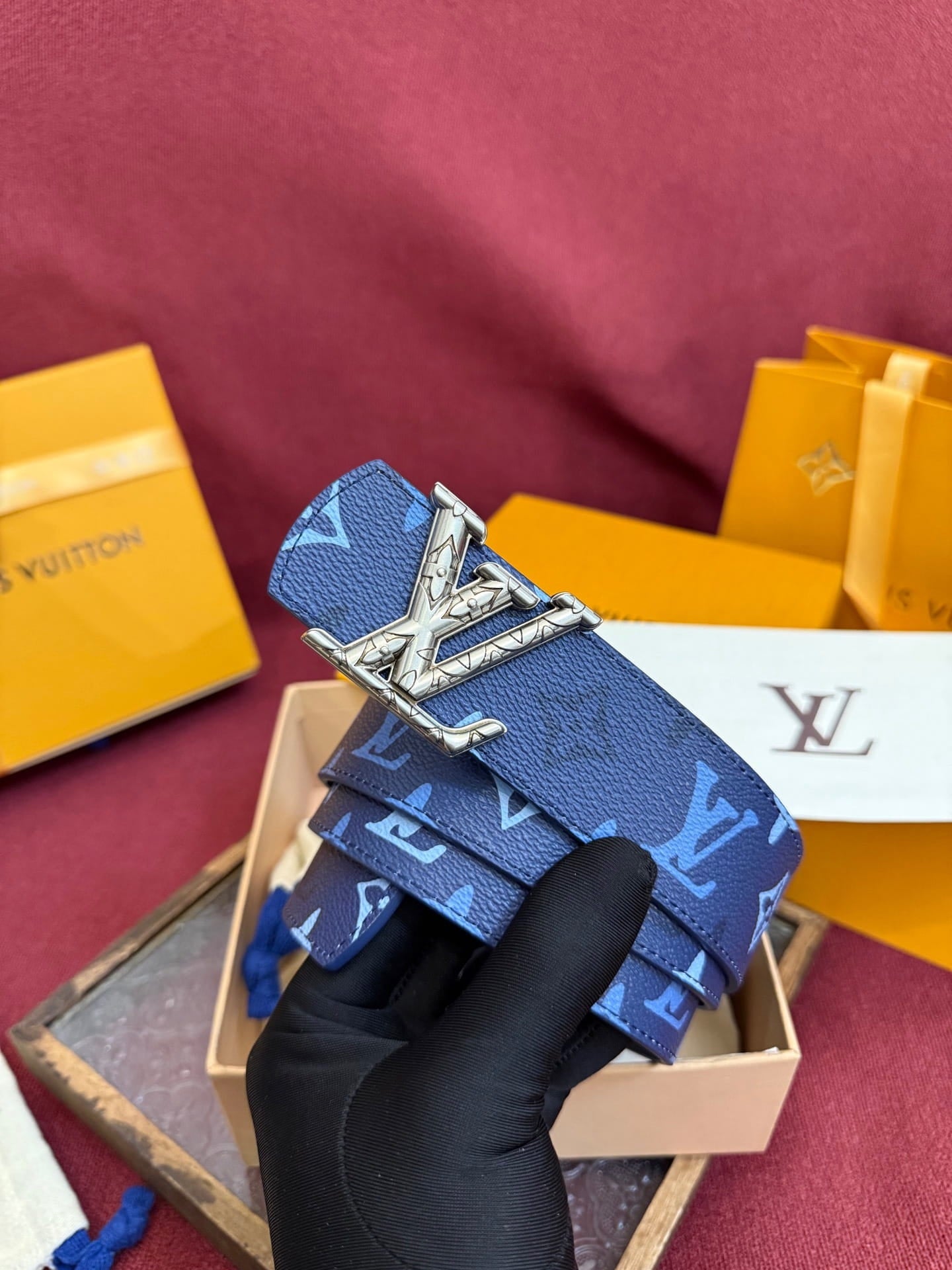 Louis Vuitton LV Royal Blue Dimension Monogram Heritage 40mm Reversible Belt - Engraved Silver Buckle