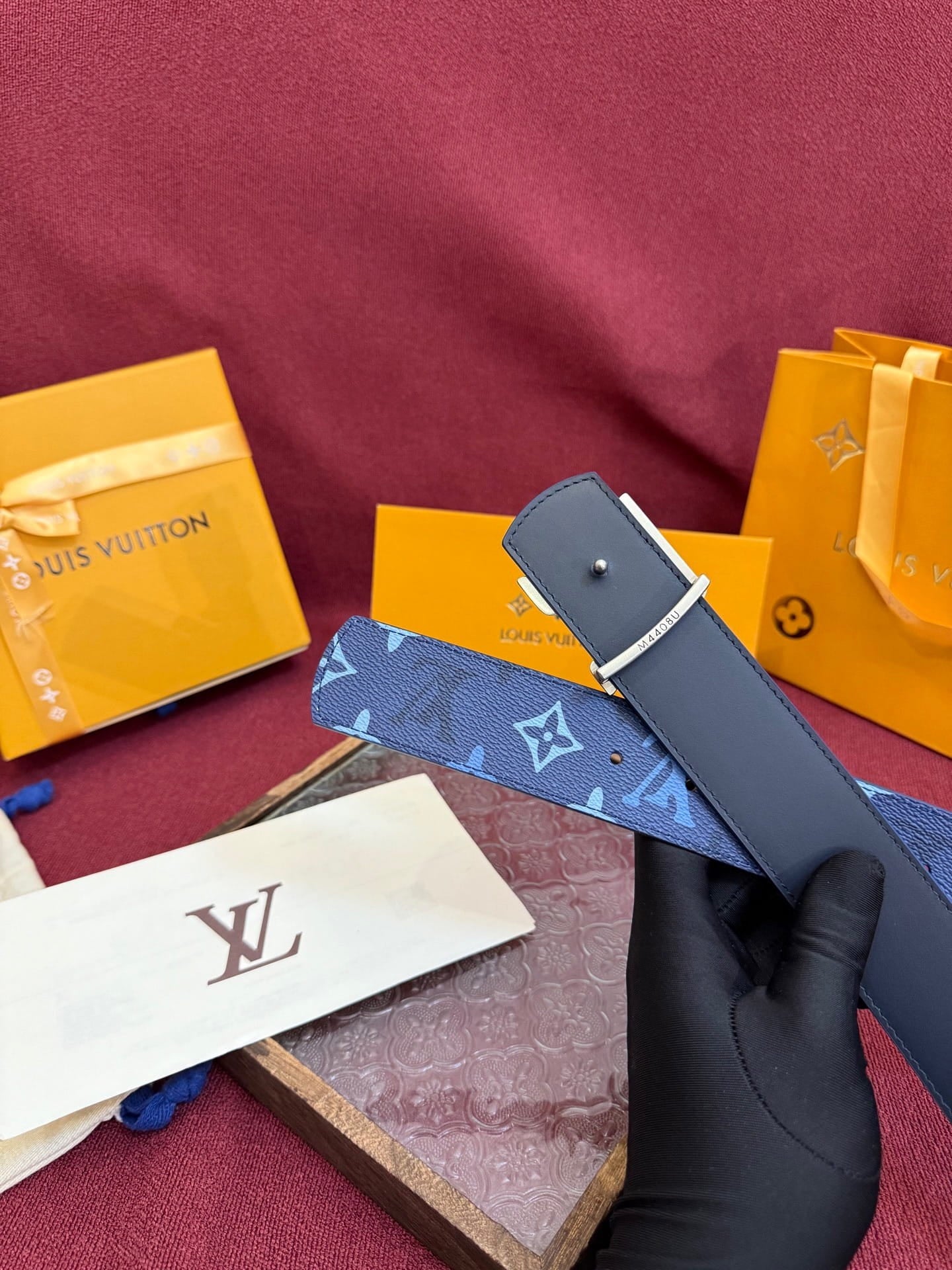 Louis Vuitton LV Royal Blue Dimension Monogram Heritage 40mm Reversible Belt - Engraved Silver Buckle
