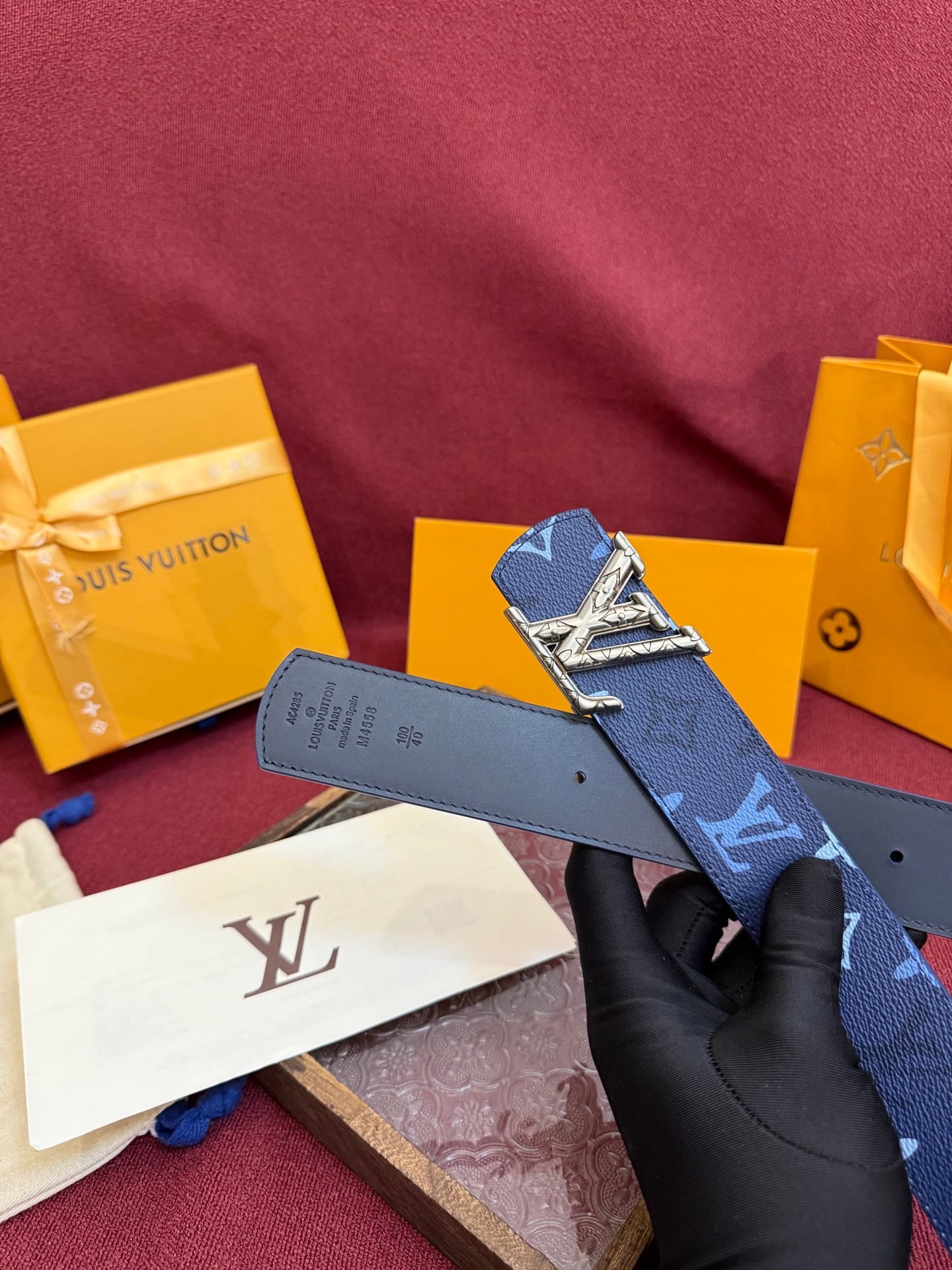 Louis Vuitton LV Royal Blue Dimension Monogram Heritage 40mm Reversible Belt - Engraved Silver Buckle
