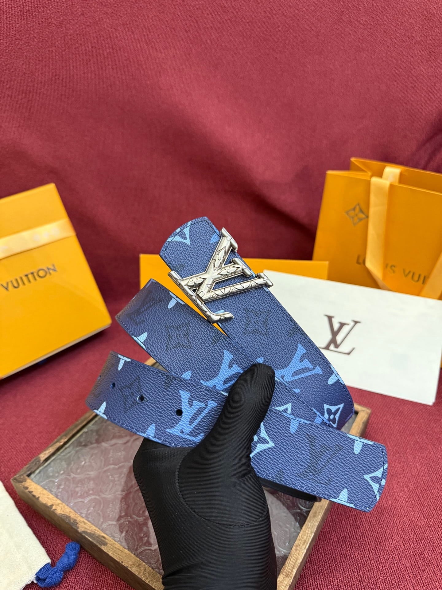 Louis Vuitton LV Royal Blue Dimension Monogram Heritage 40mm Reversible Belt - Engraved Silver Buckle