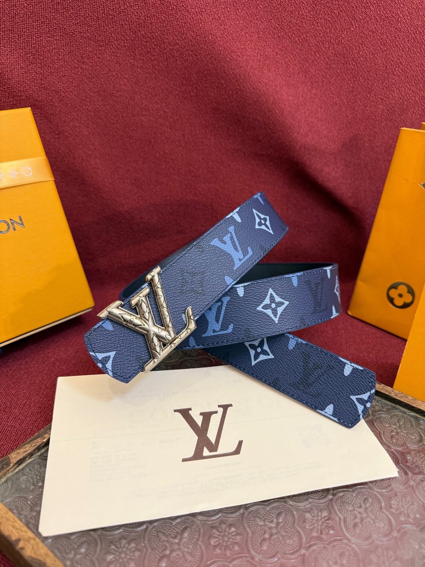 Louis Vuitton LV Royal Blue Dimension Monogram Heritage 40mm Reversible Belt - Engraved Silver Buckle
