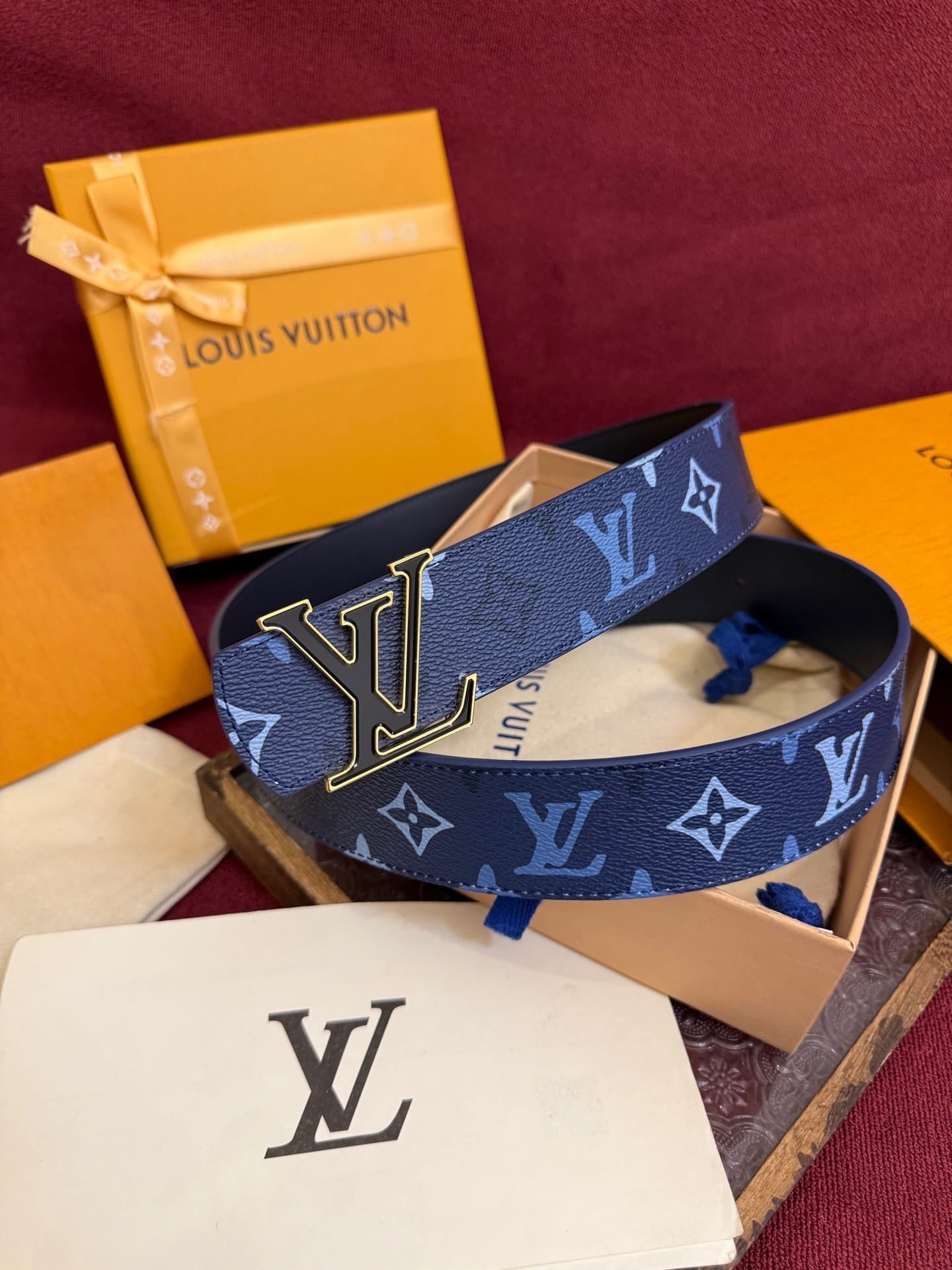 Louis Vuitton LV Royal Blue Dimension Monogram Heritage 40mm Reversible Belt - Gold & Black Buckle